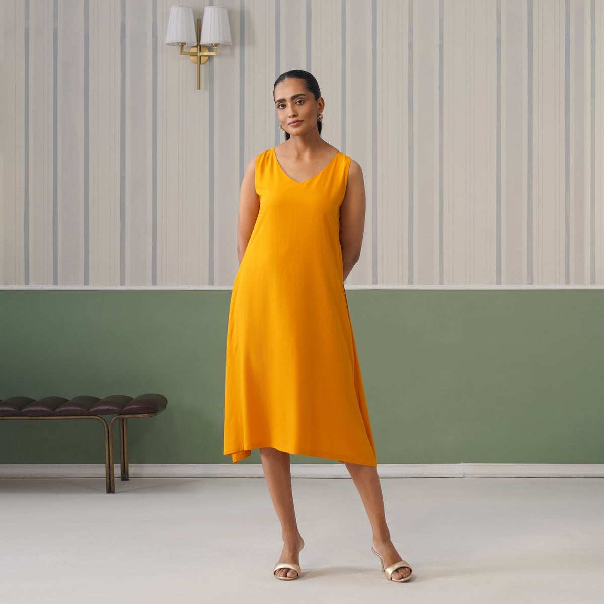 Mustard rayon line dress with pocket [ Premium 100% Rayon, Liva Certified ] -Rayon line dress with pocket
