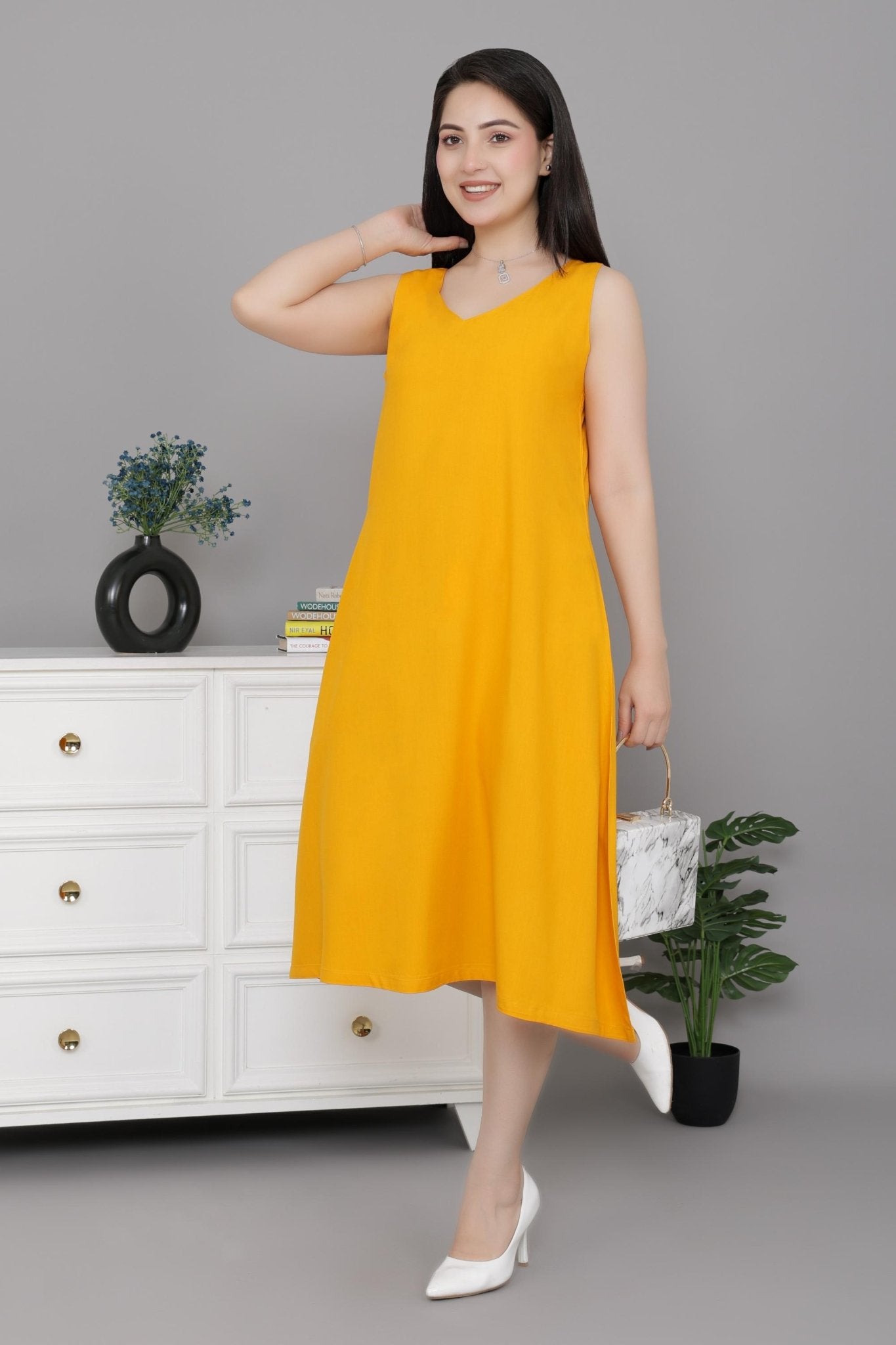 Mustard rayon line dress with pocket [ Premium 100% Rayon, Liva Certified ] - Rayon line dress with pocket