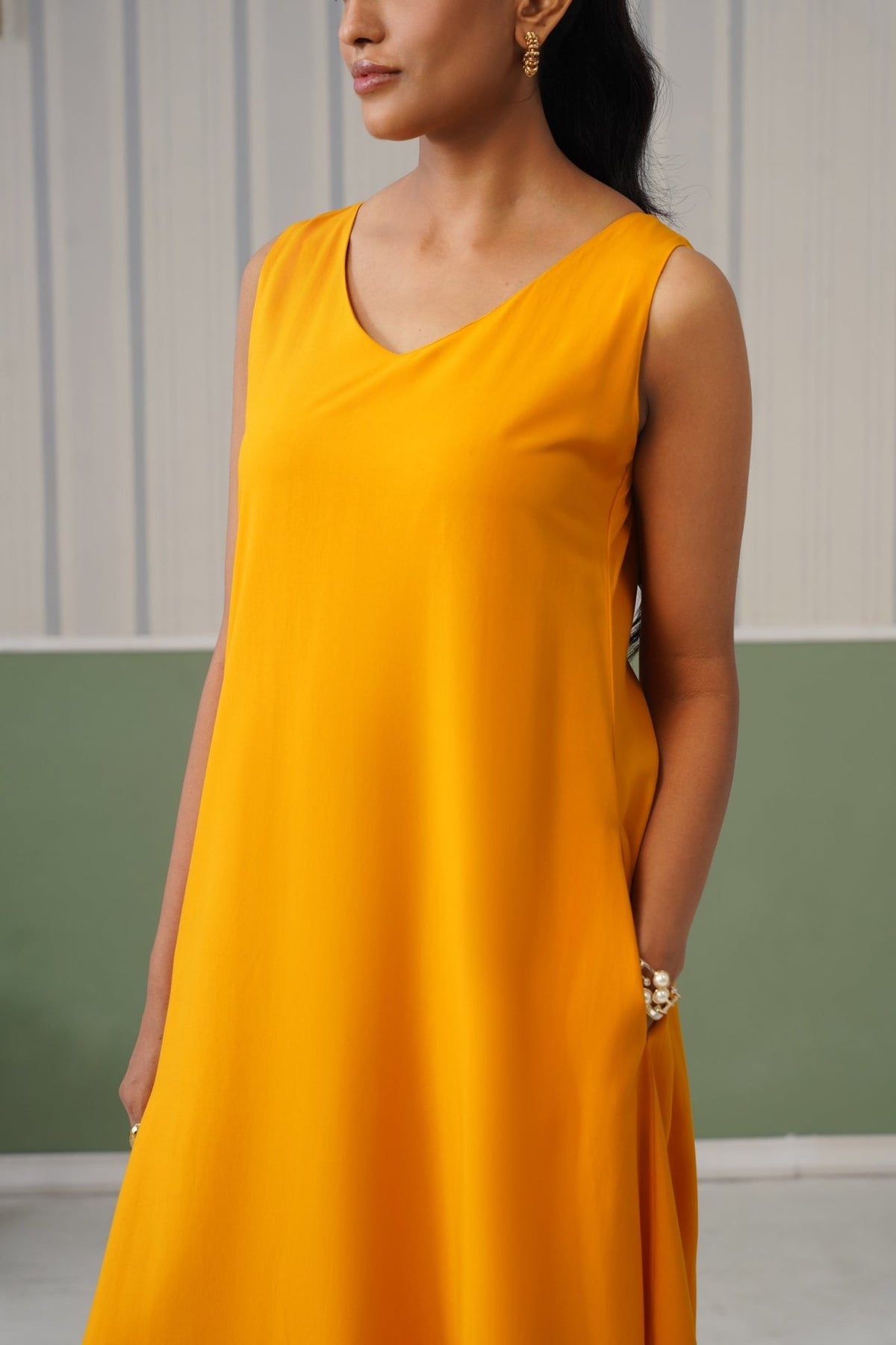 Mustard rayon line dress with pocket [ Premium 100% Rayon, Liva Certified ] -Rayon line dress with pocket
