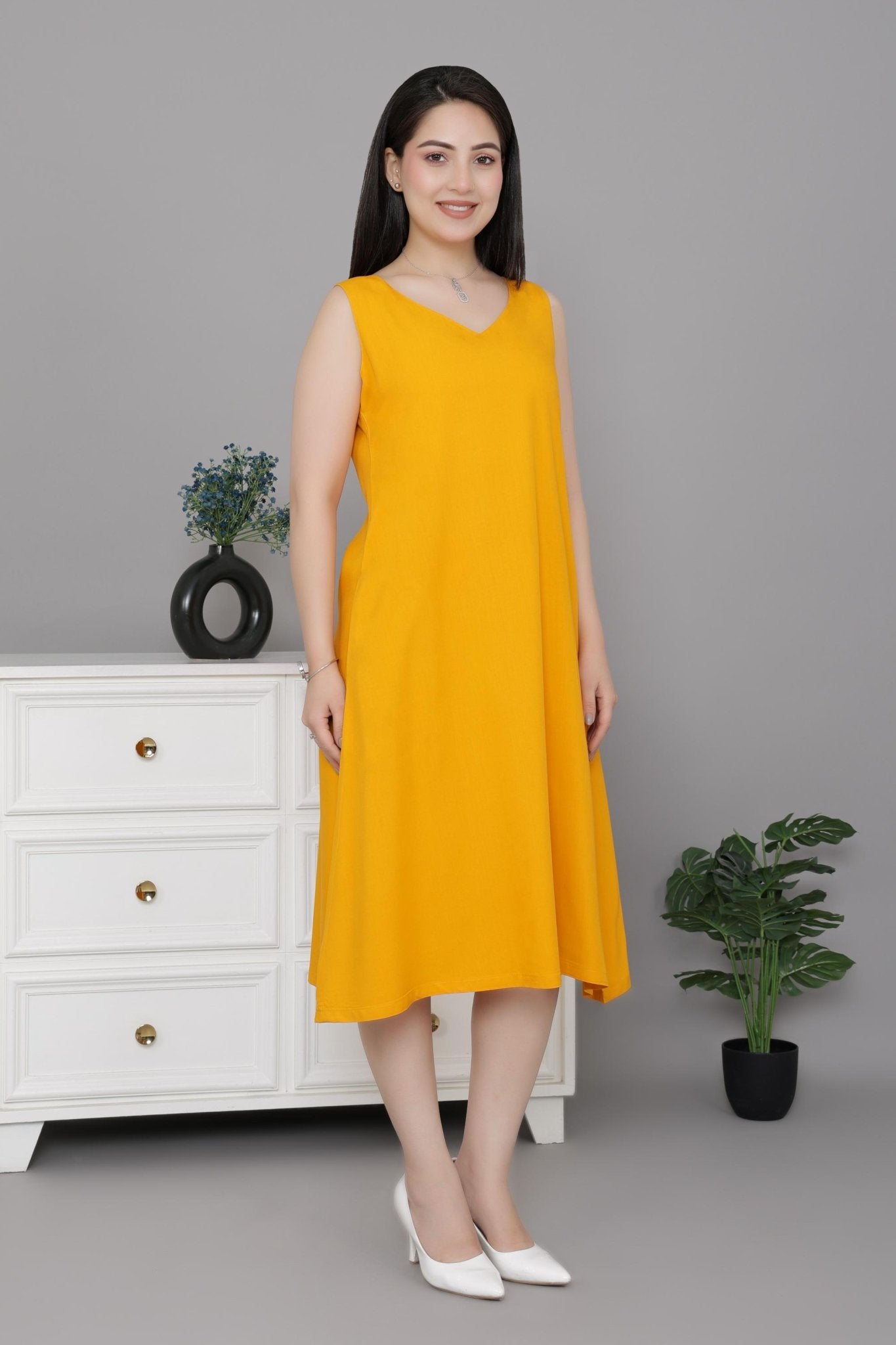 Mustard rayon line dress with pocket [ Premium 100% Rayon, Liva Certified ] - Rayon line dress with pocket