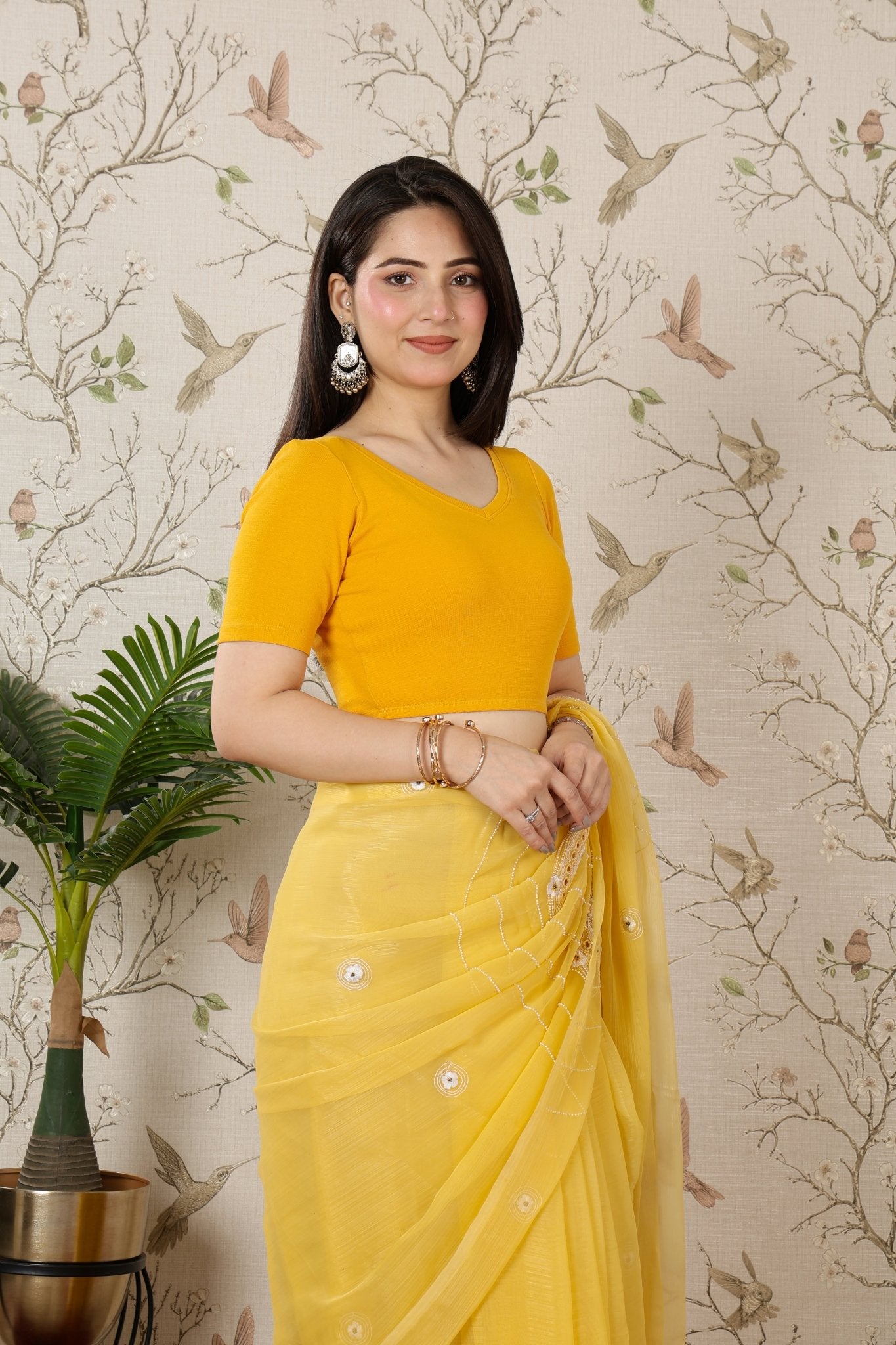 Mustard Rib Blouse [ 100% USA HQ Cotton, 280 GSM non transparent fabric ] -Rib blouse v neck