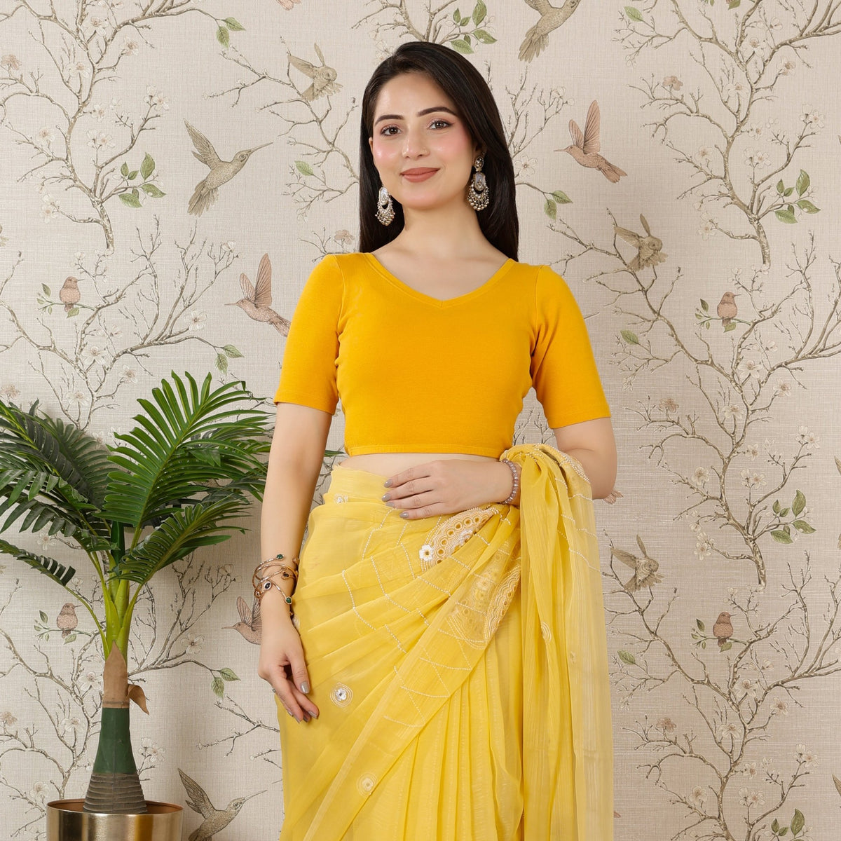 Mustard Rib Blouse [ 100% USA HQ Cotton, 280 GSM non transparent fabric ] -Rib blouse v neck