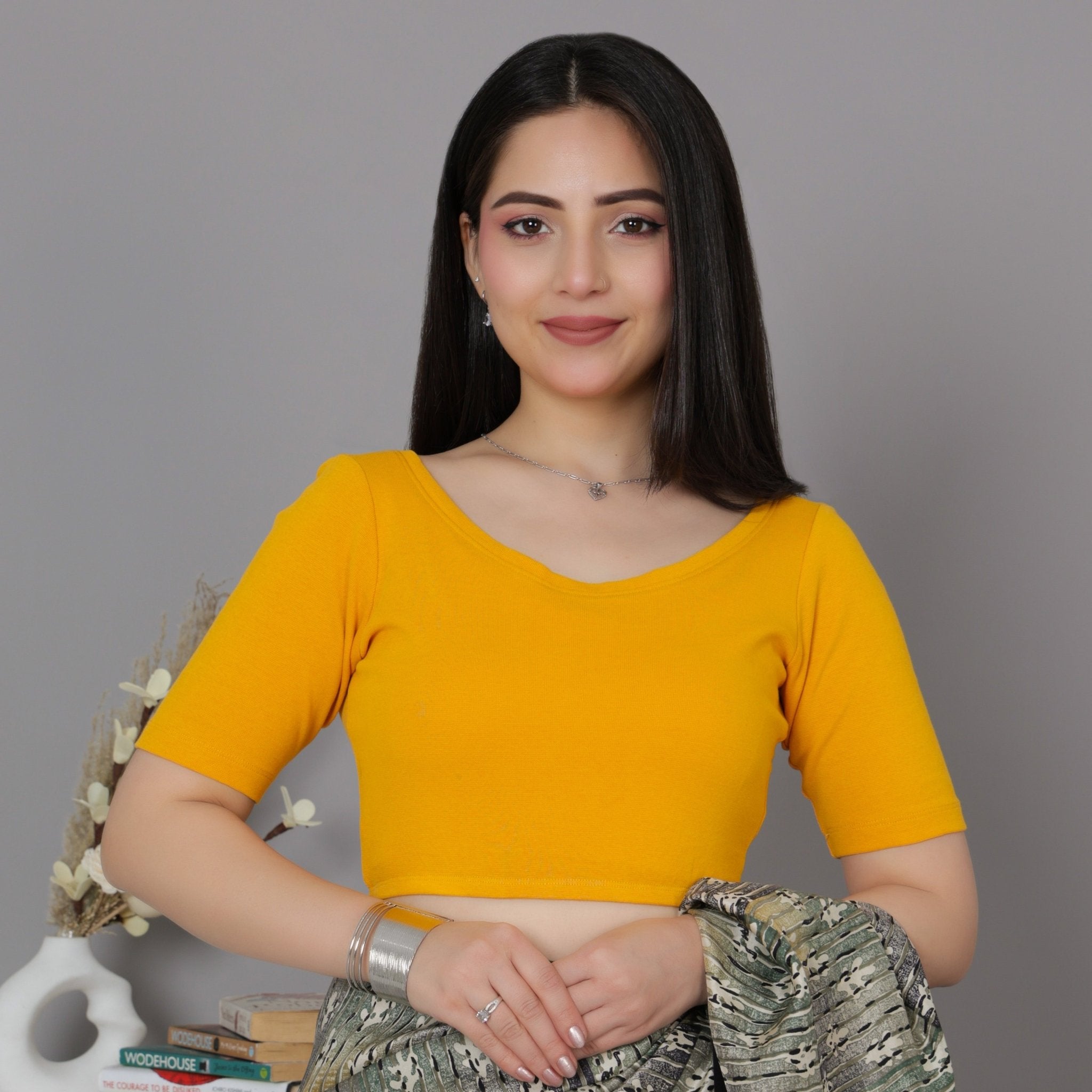 Mustard Rib Roundneck Half Sleeve Blouse [ 100% USA HQ Cotton, 280 GSM non transparent fabric ] - Rib blouse