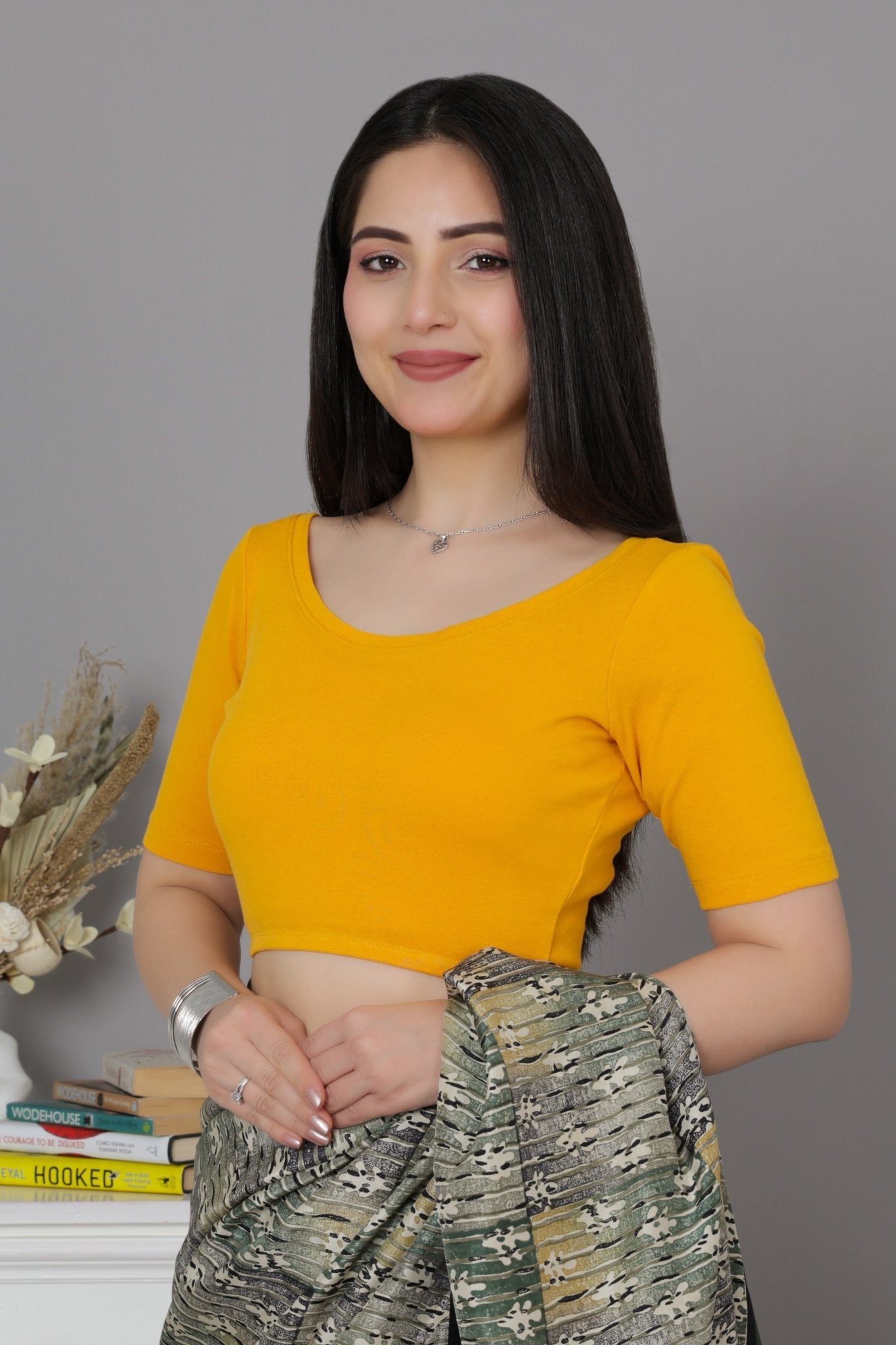 Mustard Rib Roundneck Half Sleeve Blouse [ 100% USA HQ Cotton, 280 GSM non transparent fabric ] - Rib blouse
