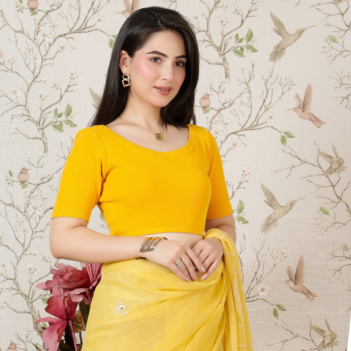 Mustard Rib Roundneck Half Sleeve Blouse [ 100% USA HQ Cotton, 280 GSM non transparent fabric ] -Rib blouse