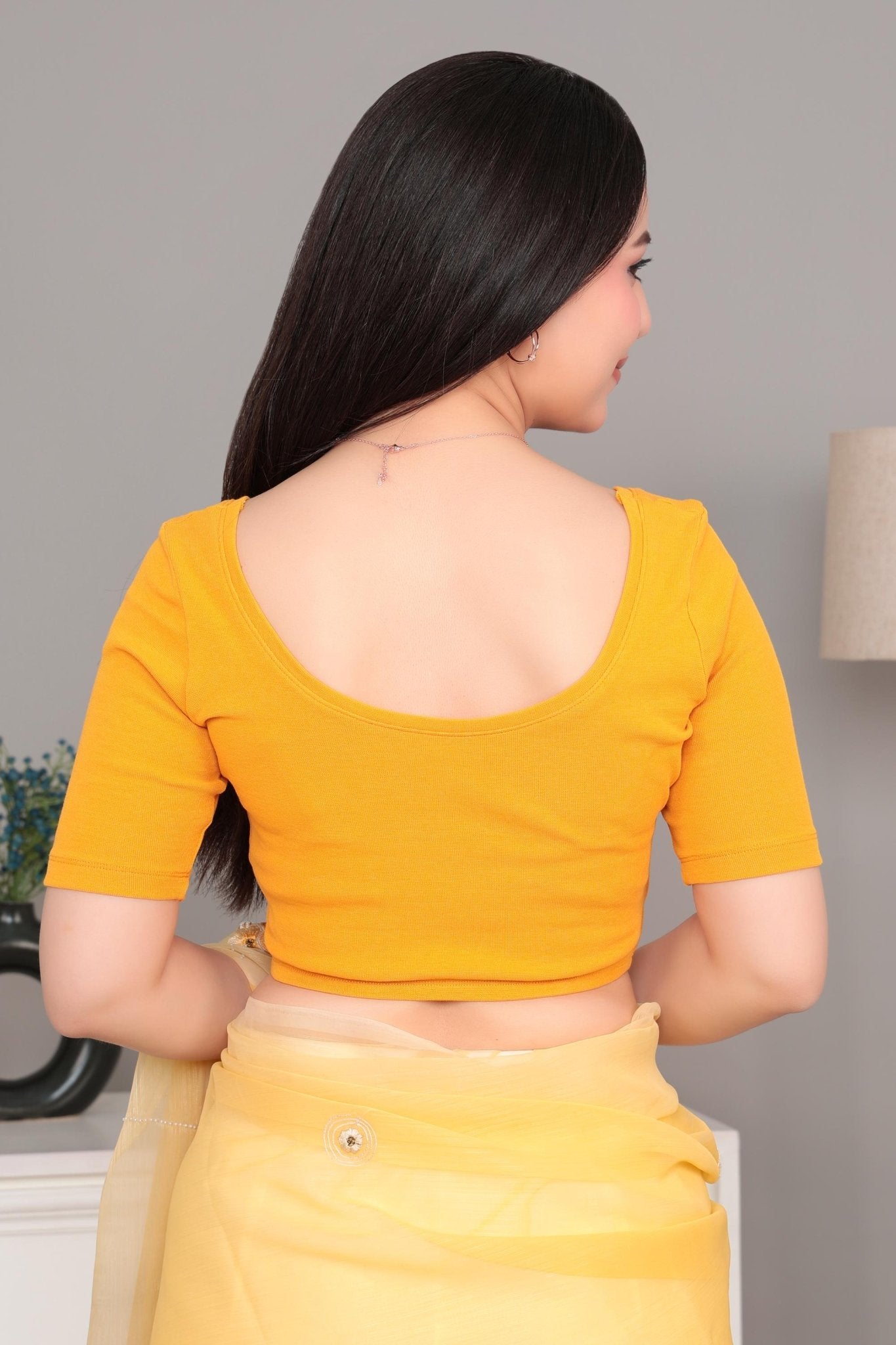 Mustard Rib Square Neck Half Sleeve Blouse [ 100% USA HQ Cotton, 280 GSM non transparent fabric ] -Rib blouse