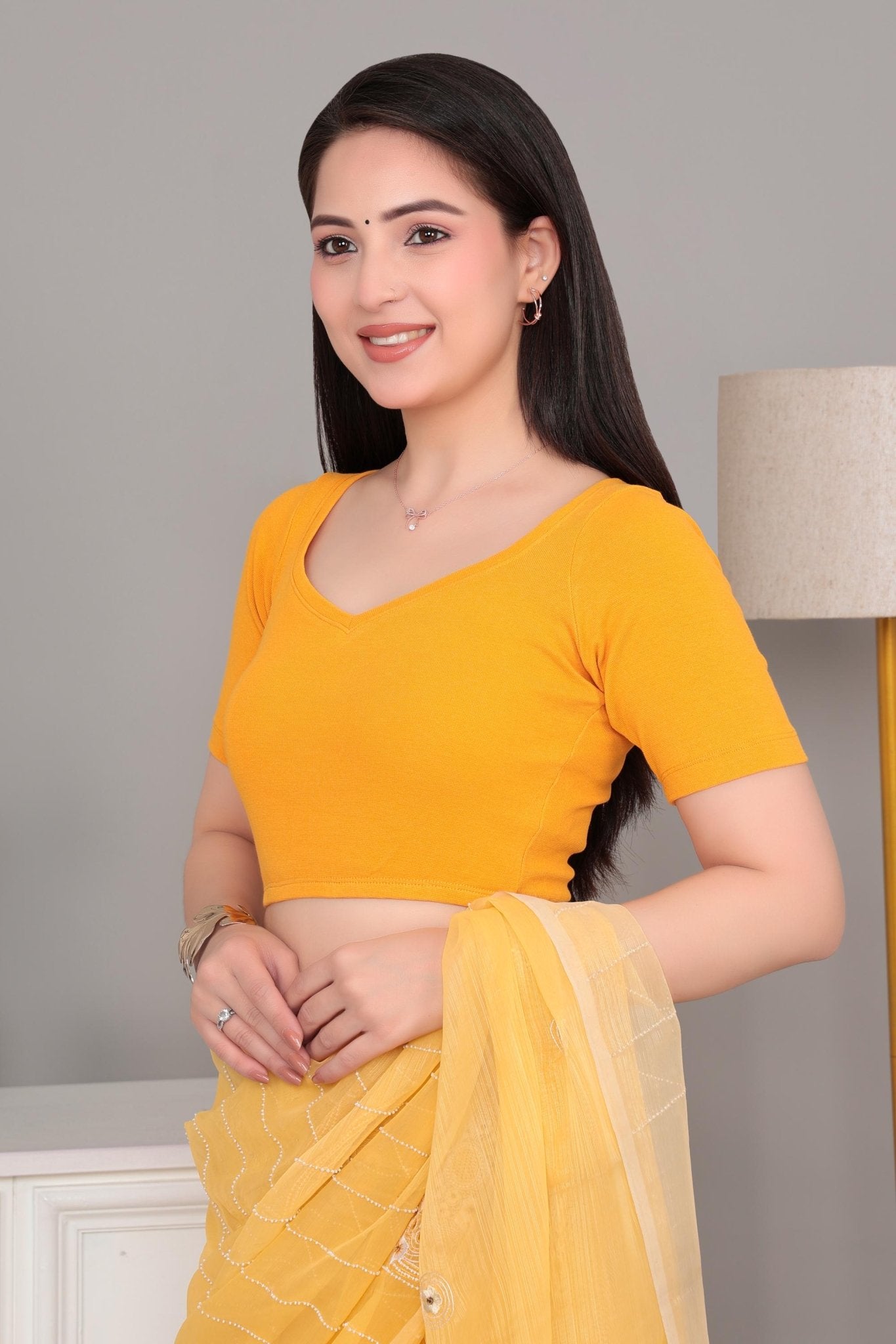 Mustard Rib Sweet Heart Neck Half Sleeve Blouse [ 100% USA HQ Cotton, 280 GSM non transparent fabric ] -Rib blouse