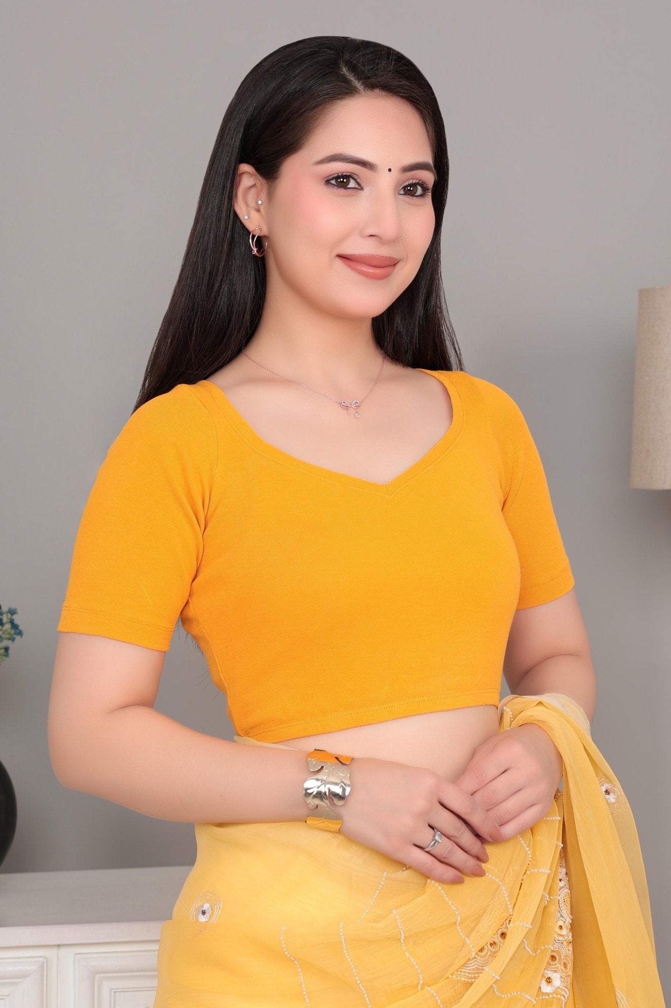 Mustard Rib Sweet Heart Neck Half Sleeve Blouse [ 100% USA HQ Cotton, 280 GSM non transparent fabric ] -Rib blouse