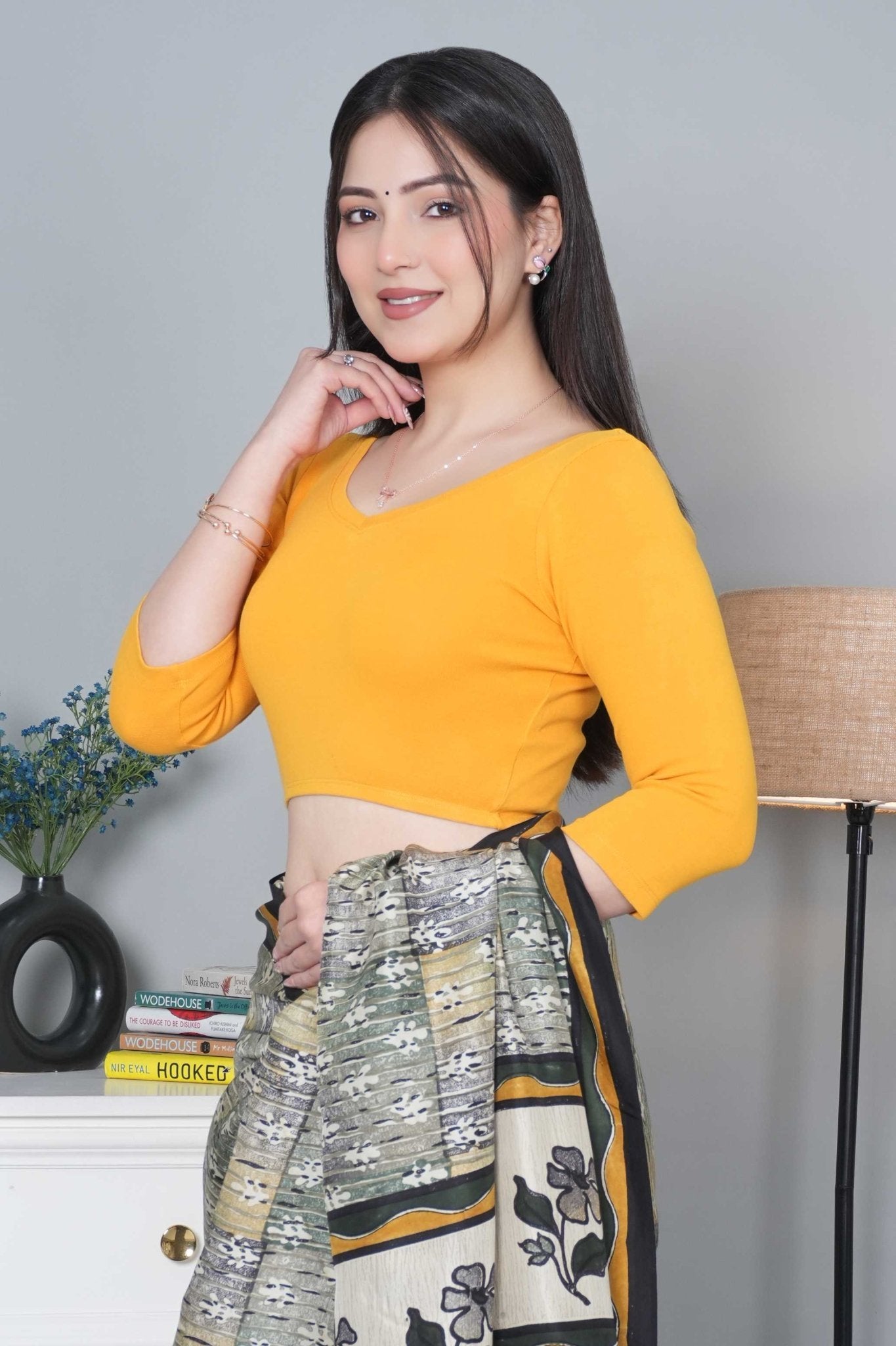 Mustard Rib V Neck 3/4 Sleeve Blouse [ 100% USA HQ Cotton, 280 GSM non transparent fabric ] - Rib blouse