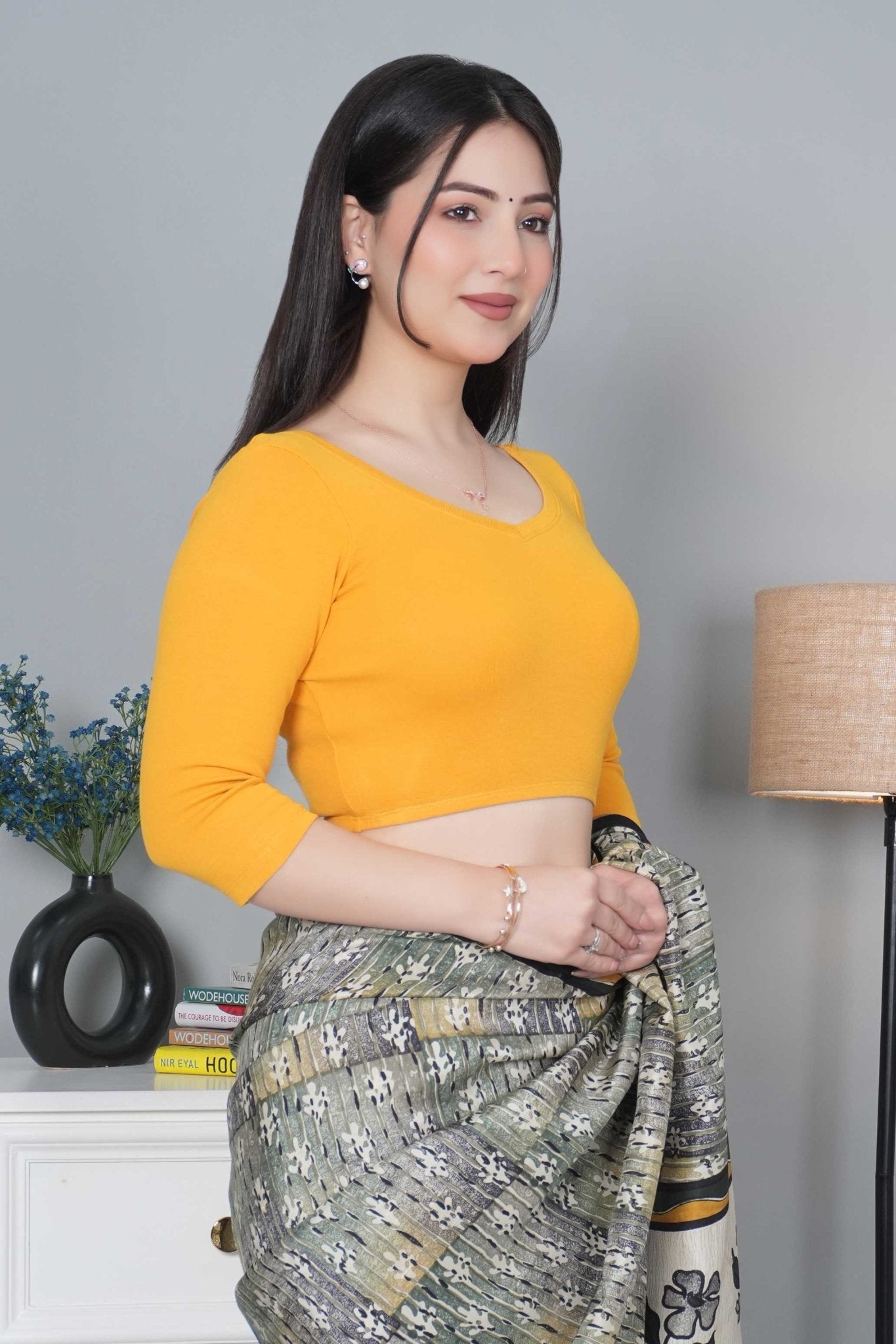 Mustard Rib V Neck 3/4 Sleeve Blouse [ 100% USA HQ Cotton, 280 GSM non transparent fabric ] - Rib blouse