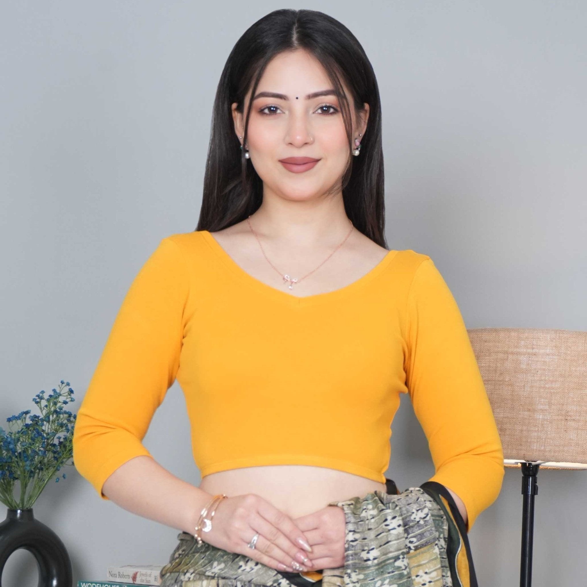 Mustard Rib V Neck 3/4 Sleeve Blouse [ 100% USA HQ Cotton, 280 GSM non transparent fabric ] - Rib blouse