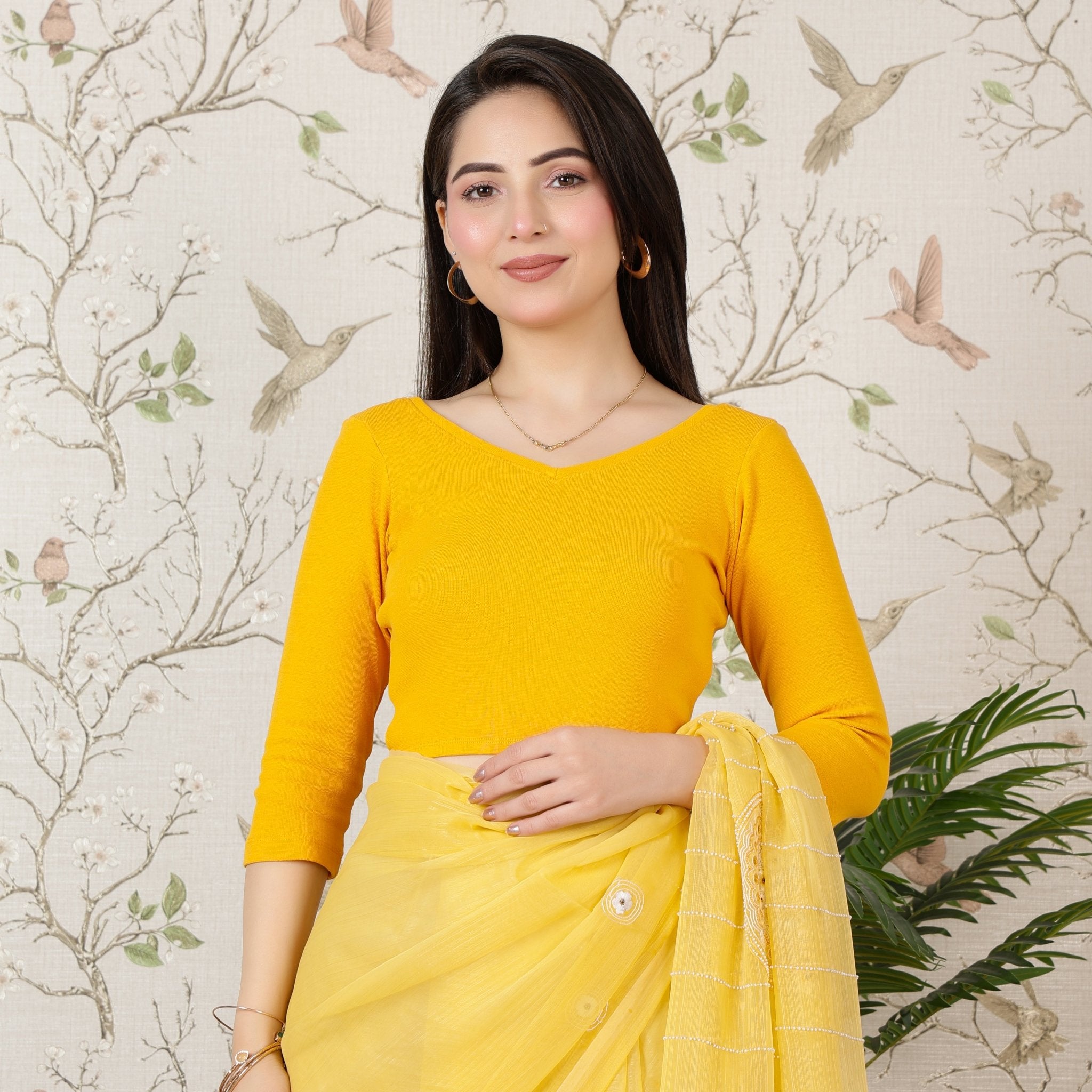 Mustard Rib V Neck 3/4 Sleeve Blouse [ 100% USA HQ Cotton, 280 GSM non transparent fabric ] -Rib blouse
