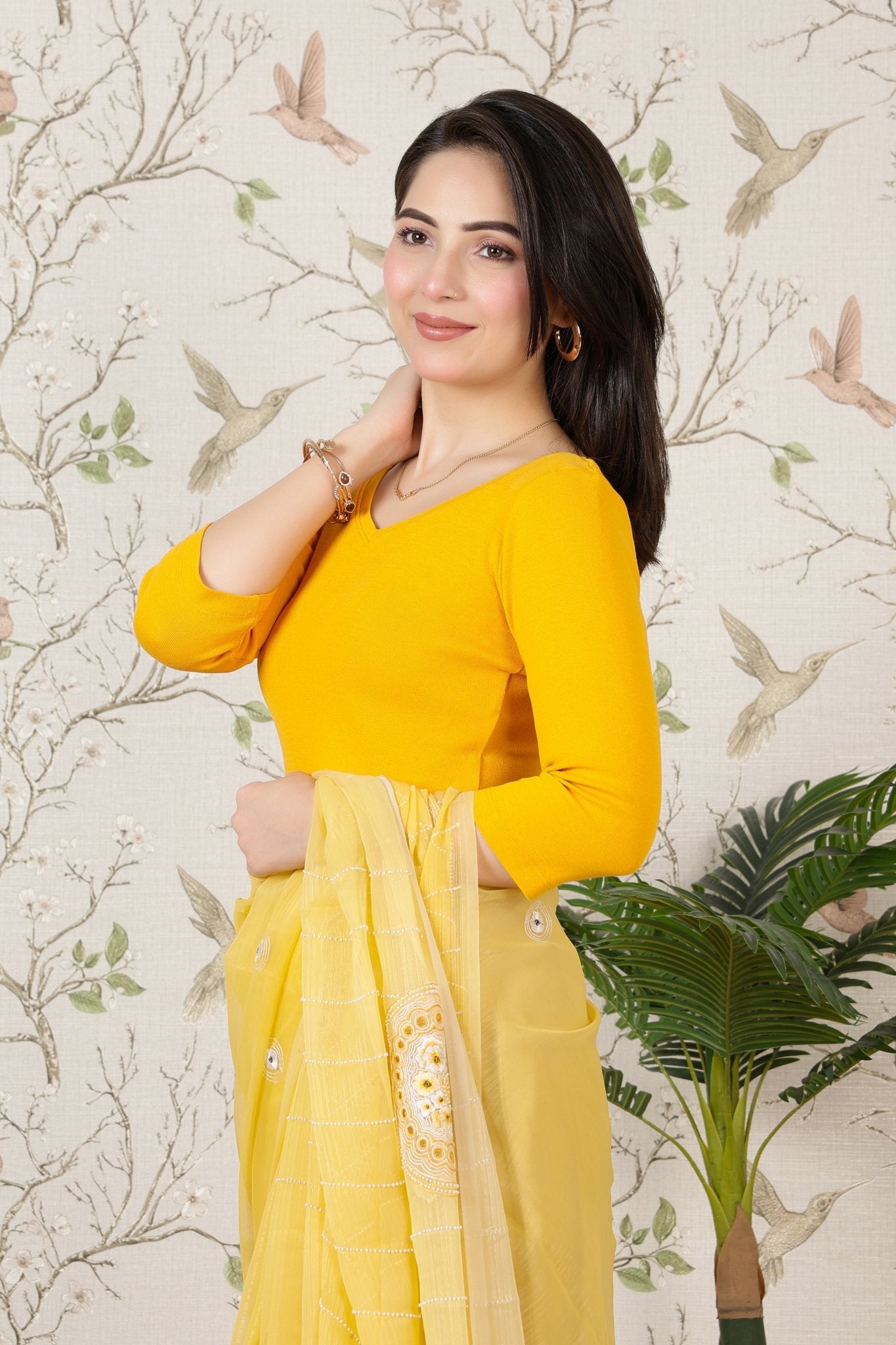Mustard Rib V Neck 3/4 Sleeve Blouse [ 100% USA HQ Cotton, 280 GSM non transparent fabric ] -Rib blouse