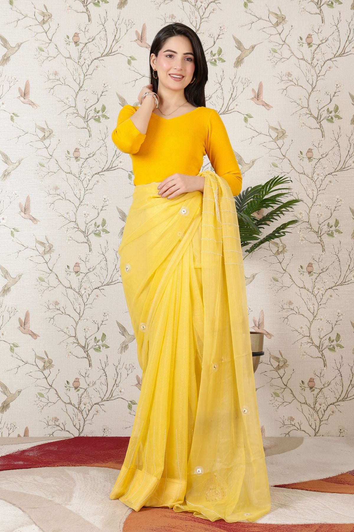 Mustard Rib V Neck 3/4 Sleeve Blouse [ 100% USA HQ Cotton, 280 GSM non transparent fabric ] -Rib blouse