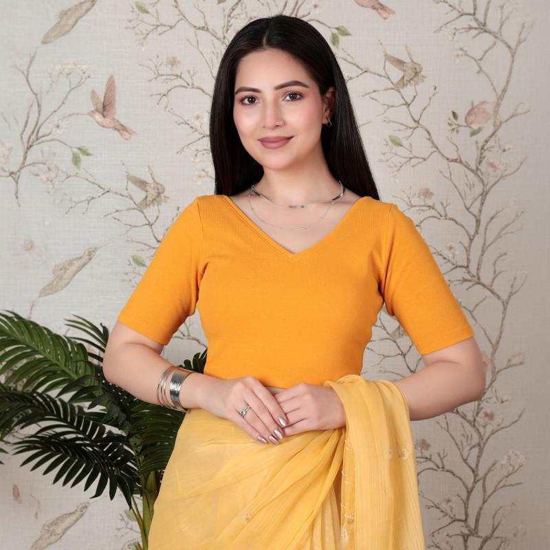 Mustard Rib V Neck Half Sleeve Blouse [ 100% USA HQ Cotton, 280 GSM non transparent fabric ] -Rib blouse
