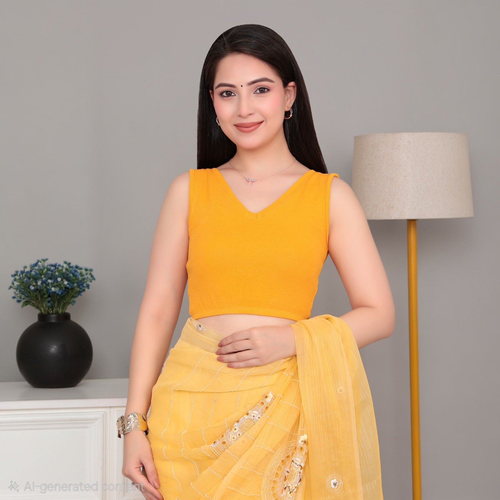 Mustard Rib V Neck Sleeveless Blouse [ 100% USA HQ Cotton, 280 GSM non transparent fabric ] -Rib blouse