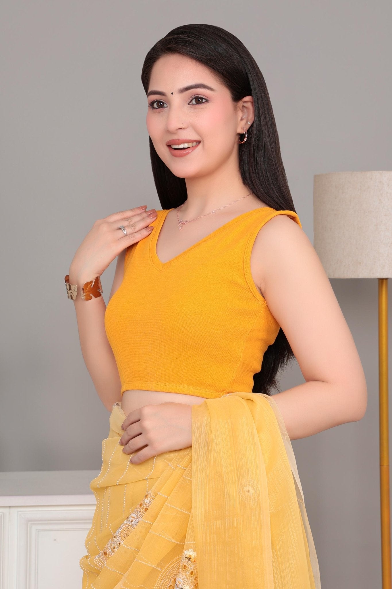 Mustard Rib V Neck Sleeveless Blouse [ 100% USA HQ Cotton, 280 GSM non transparent fabric ] -Rib blouse