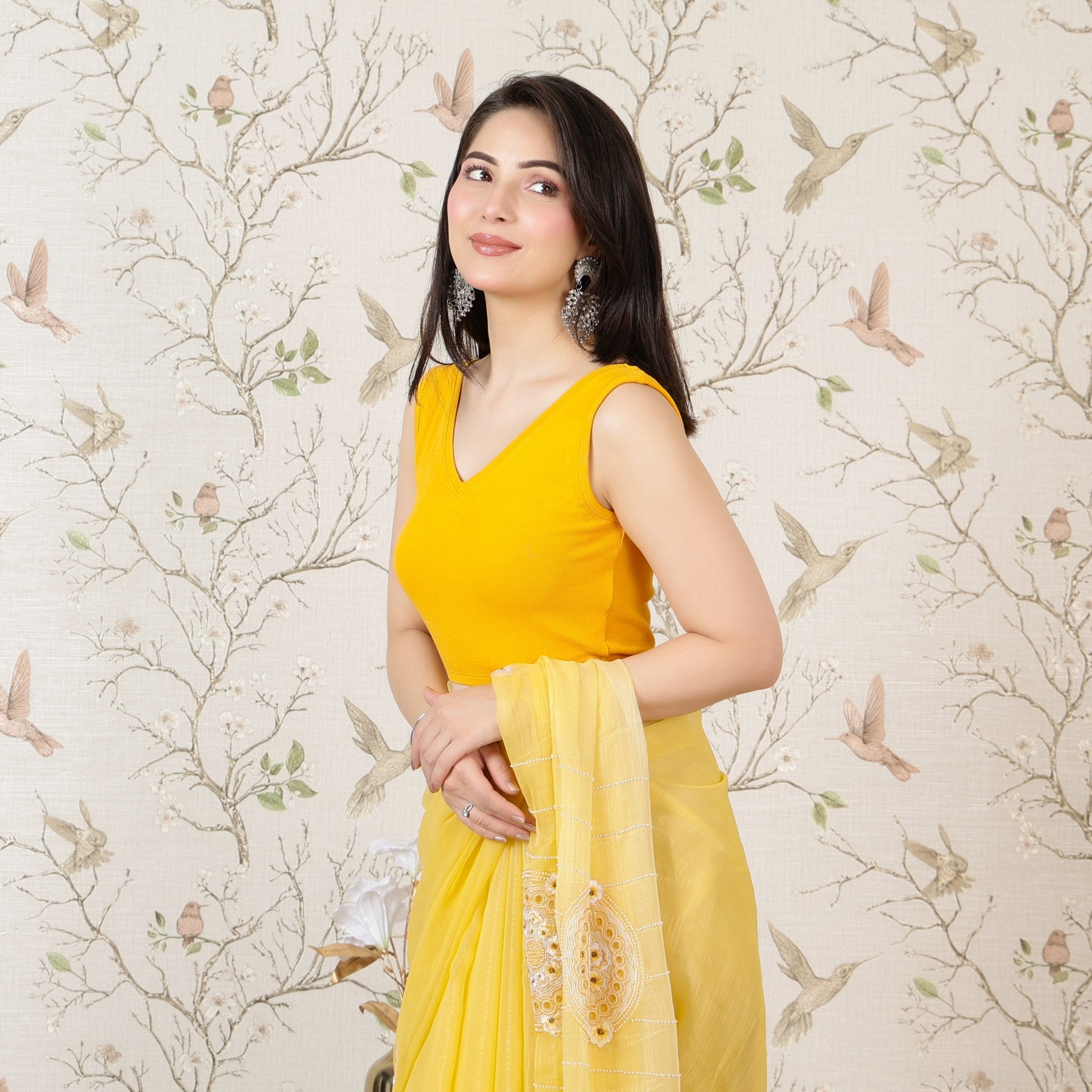 Mustard Rib V Neck Sleeveless Blouse [ 100% USA HQ Cotton, 280 GSM non transparent fabric ] -Rib blouse