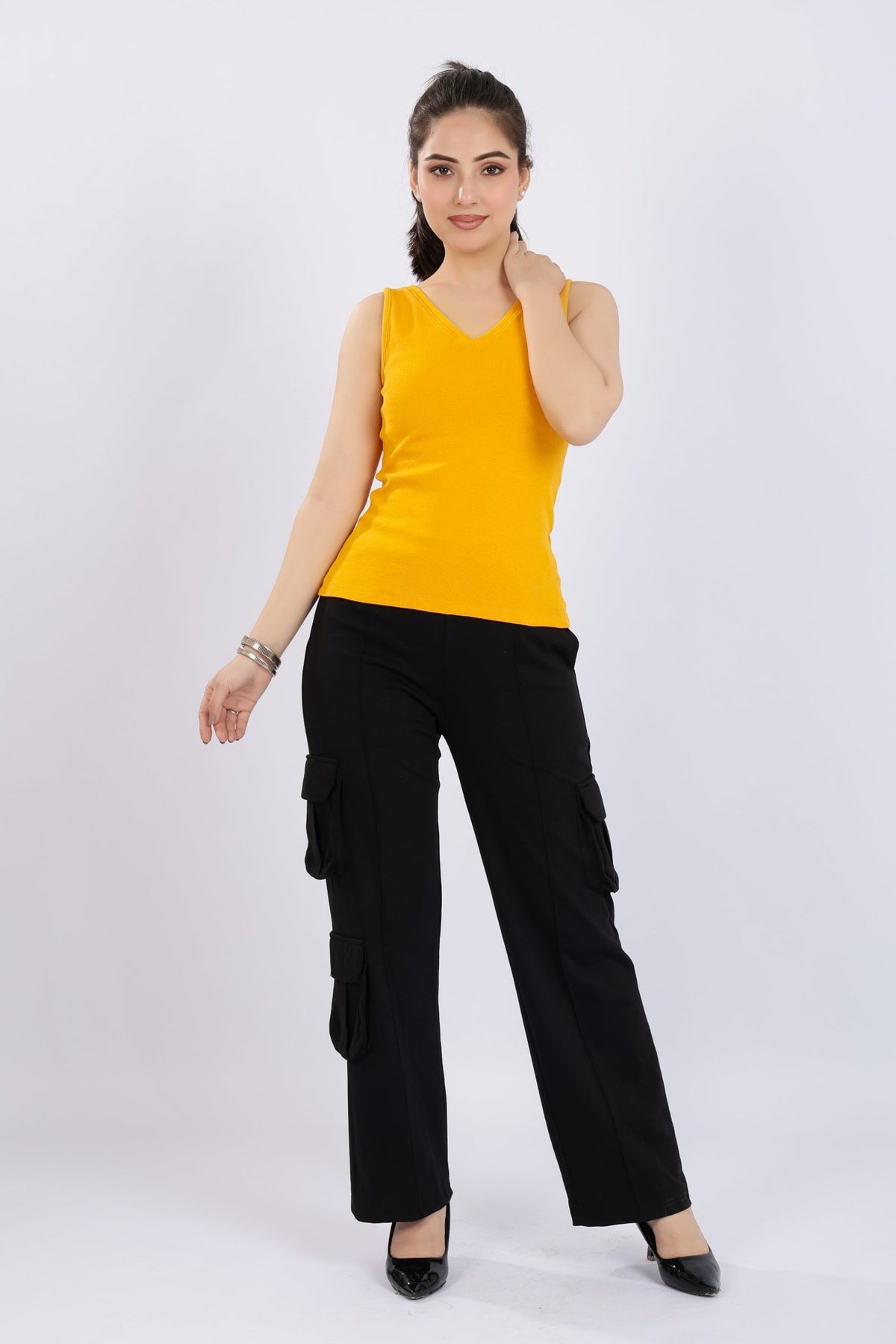 Mustard rib v-neck vest [ 280 GSM non transparent fabric ] -Rib top