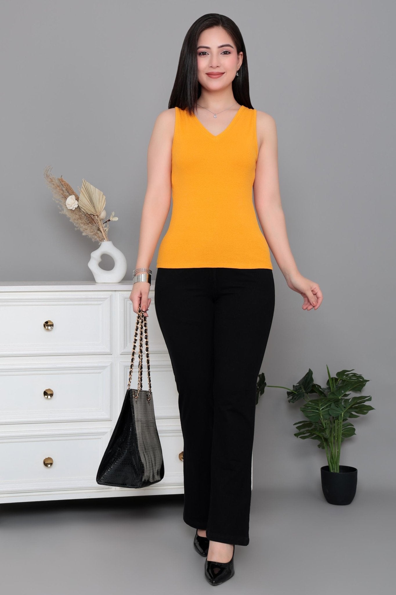 Mustard rib v-neck vest [ 280 GSM non transparent fabric ] -Rib top