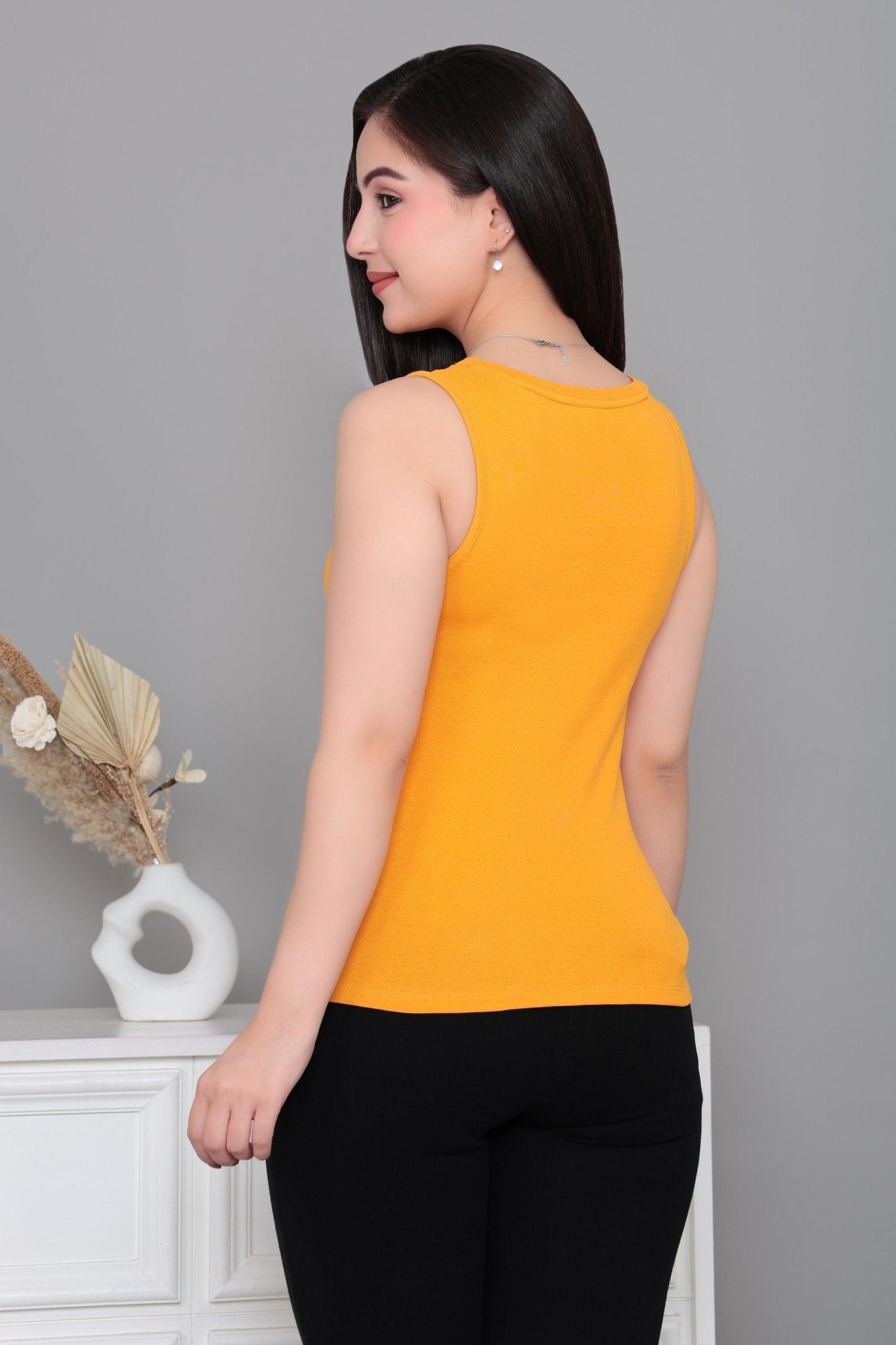 Mustard rib v-neck vest [ 280 GSM non transparent fabric ] -Rib top