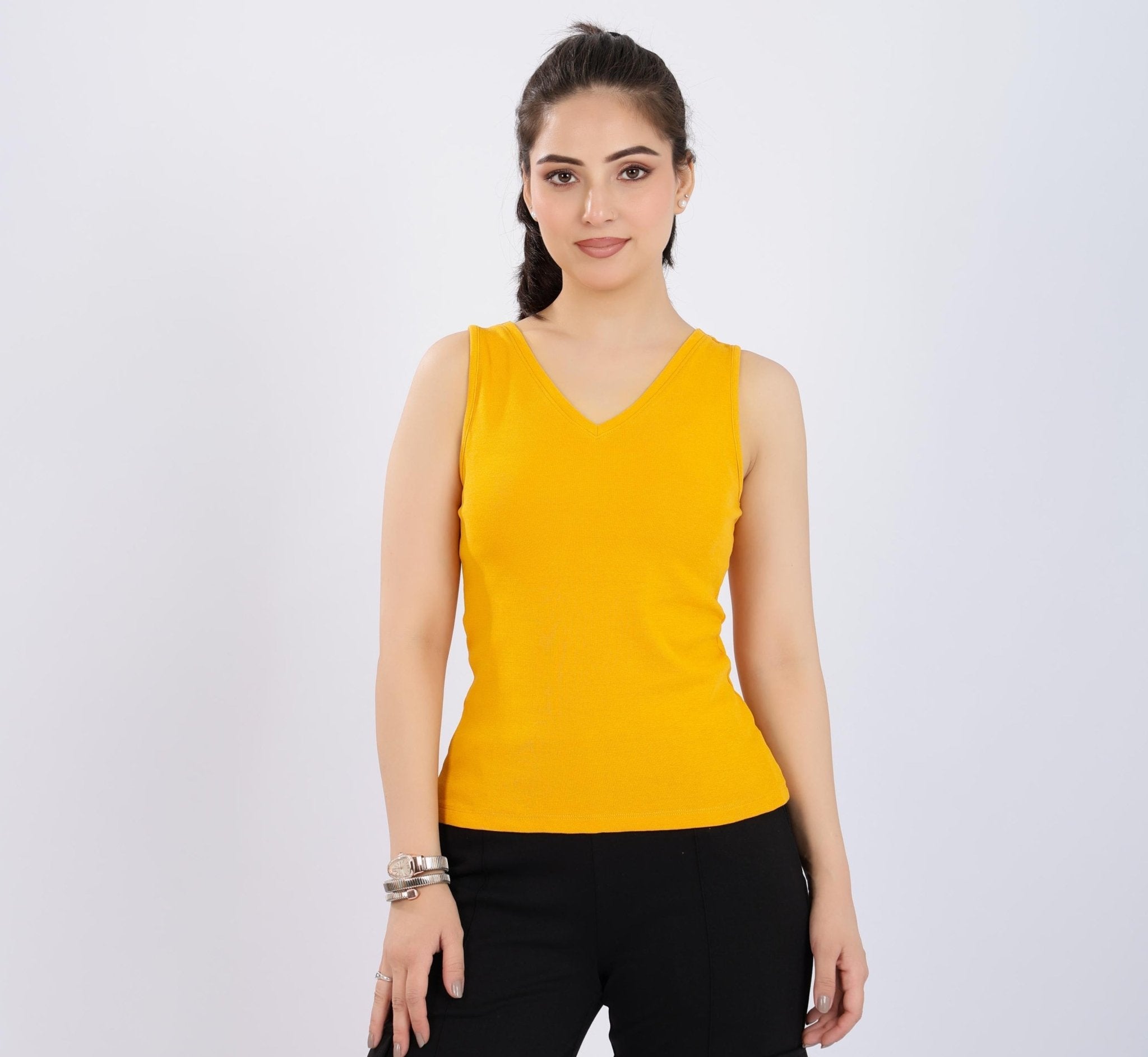 Mustard rib v-neck vest [ 280 GSM non transparent fabric ] -Rib top