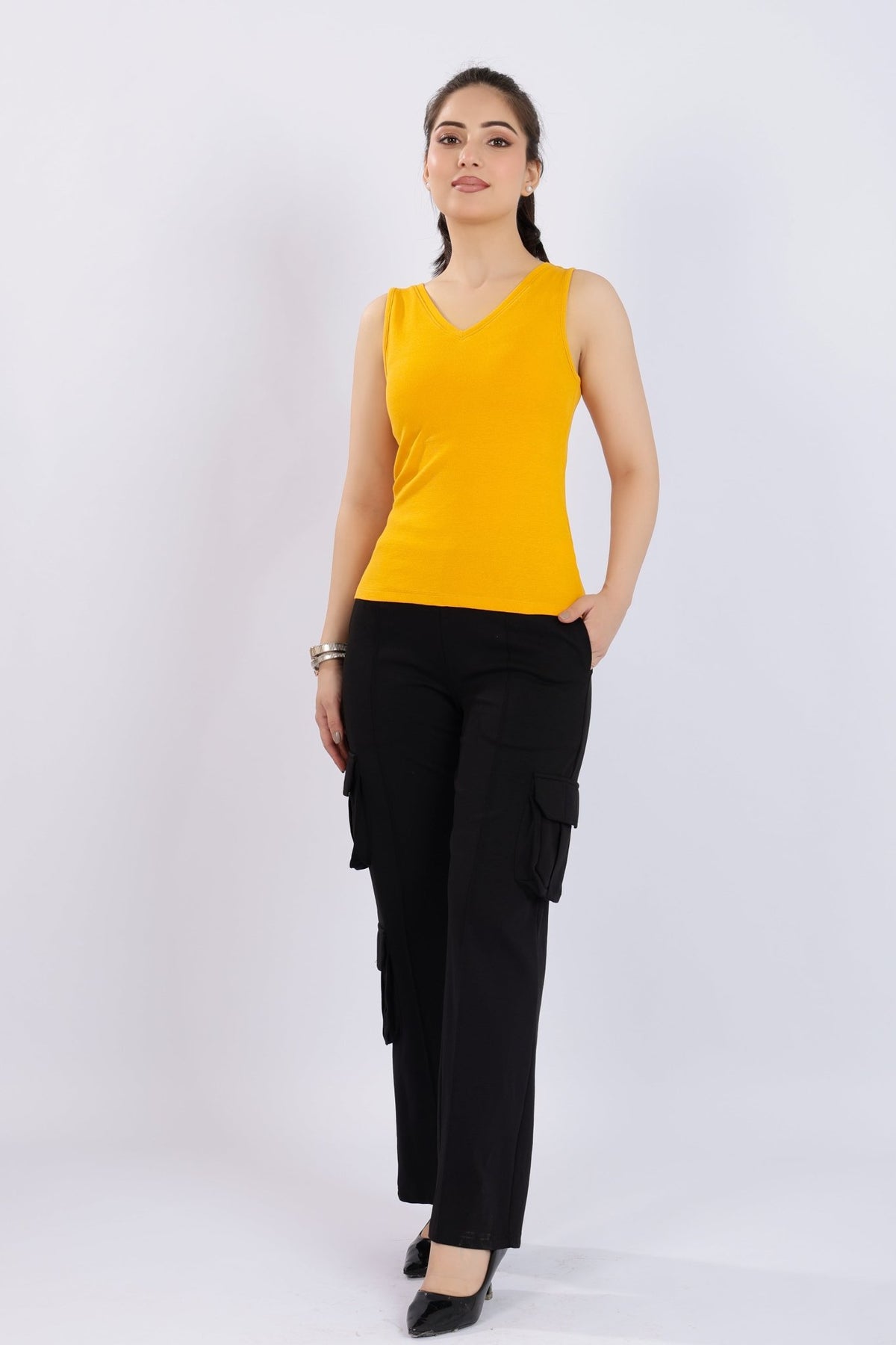 Mustard rib v-neck vest [ 280 GSM non transparent fabric ] -Rib top