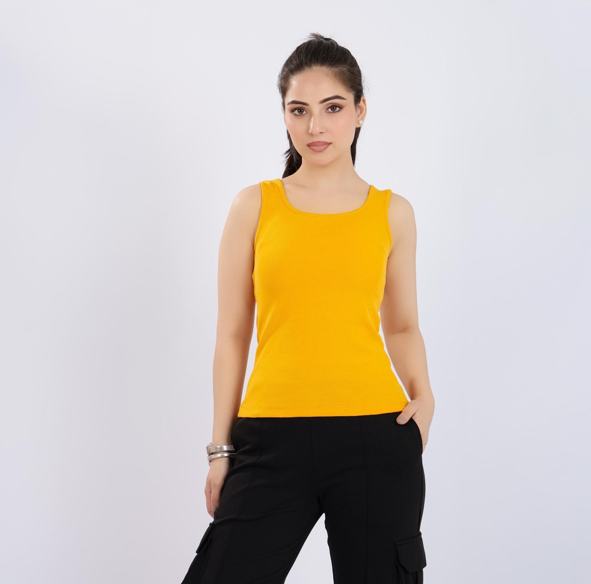 Mustard square neck tank top [ 280 GSM non transparent fabric ] -Rib top
