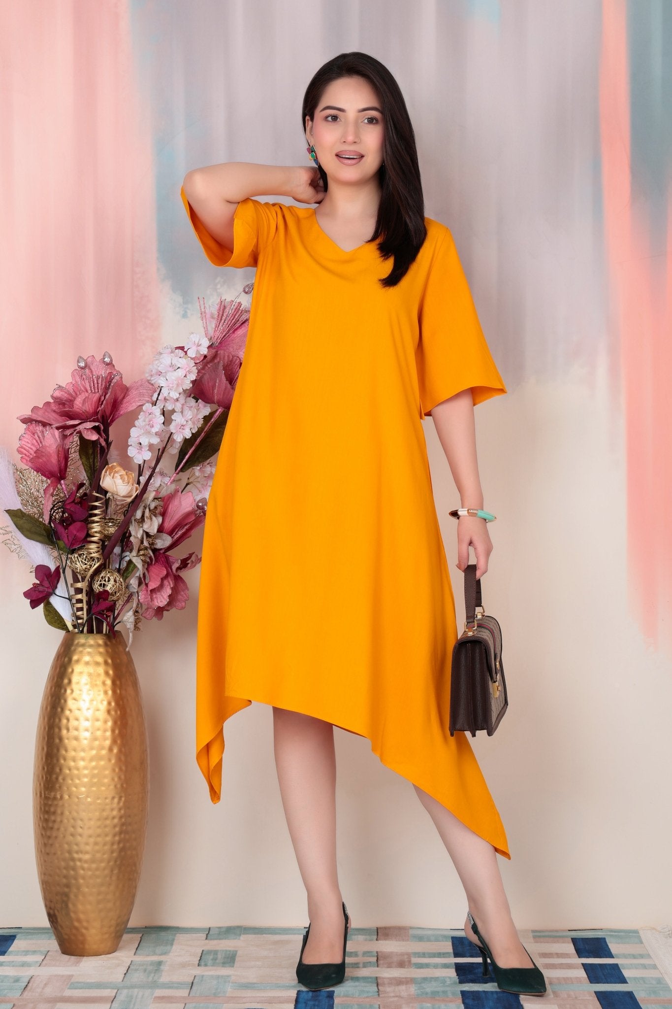 Mustard v-neck line dress with sleeves [ Premium 100% Rayon, Liva Certified ] -Rayon flare dress with pocket