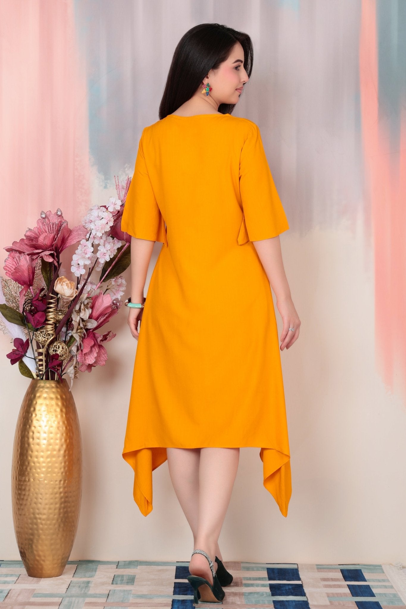 Mustard v-neck line dress with sleeves [ Premium 100% Rayon, Liva Certified ] -Rayon flare dress with pocket
