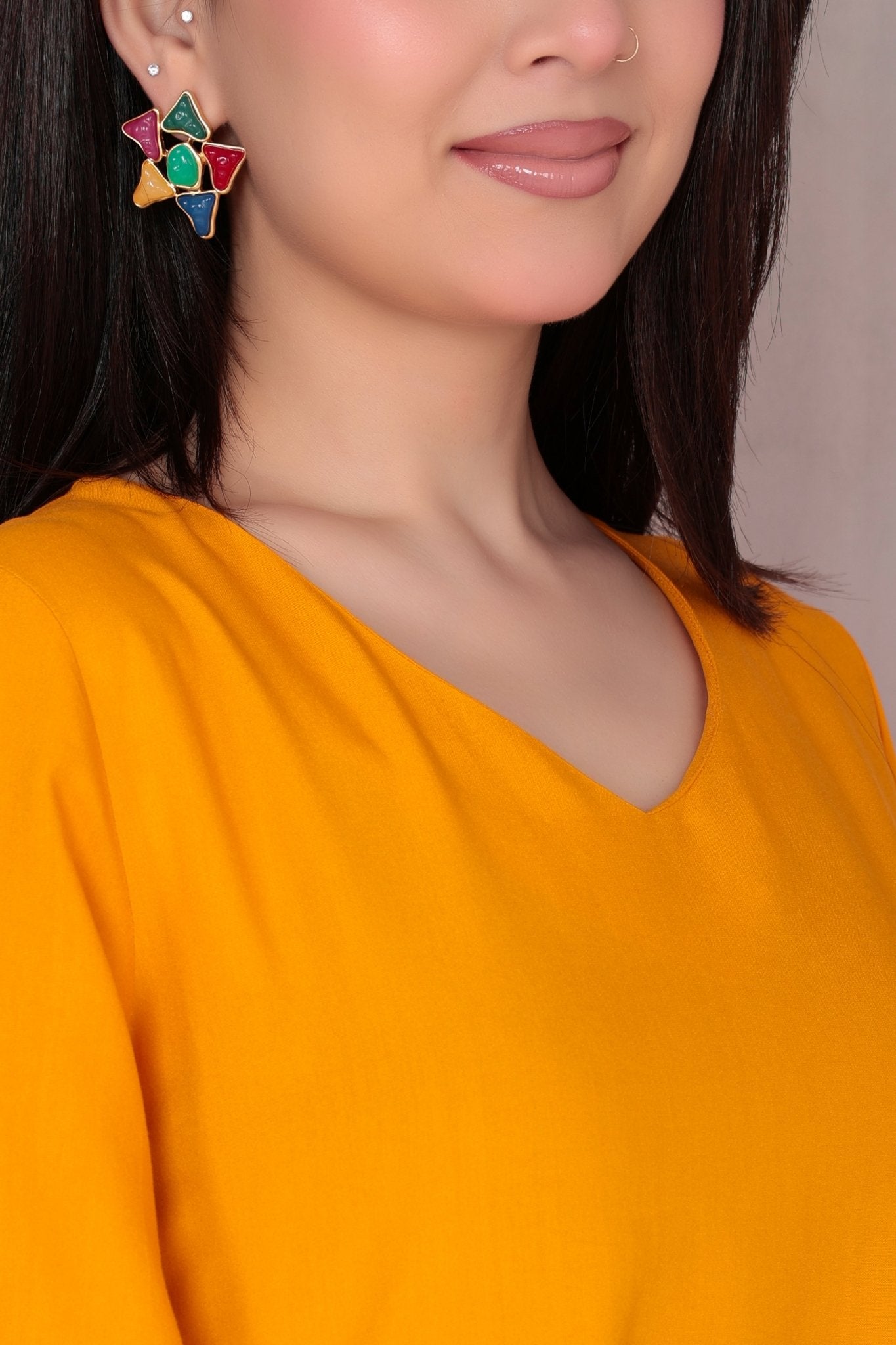Mustard v-neck line dress with sleeves [ Premium 100% Rayon, Liva Certified ] -Rayon flare dress with pocket