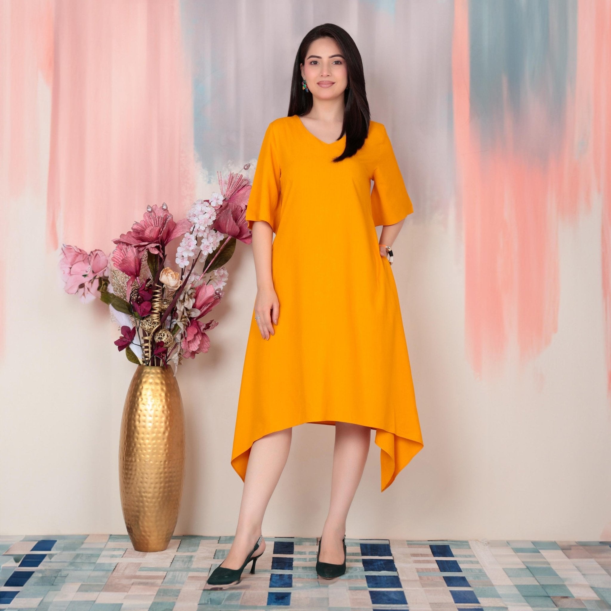Mustard v-neck line dress with sleeves [ Premium 100% Rayon, Liva Certified ] -Rayon flare dress with pocket