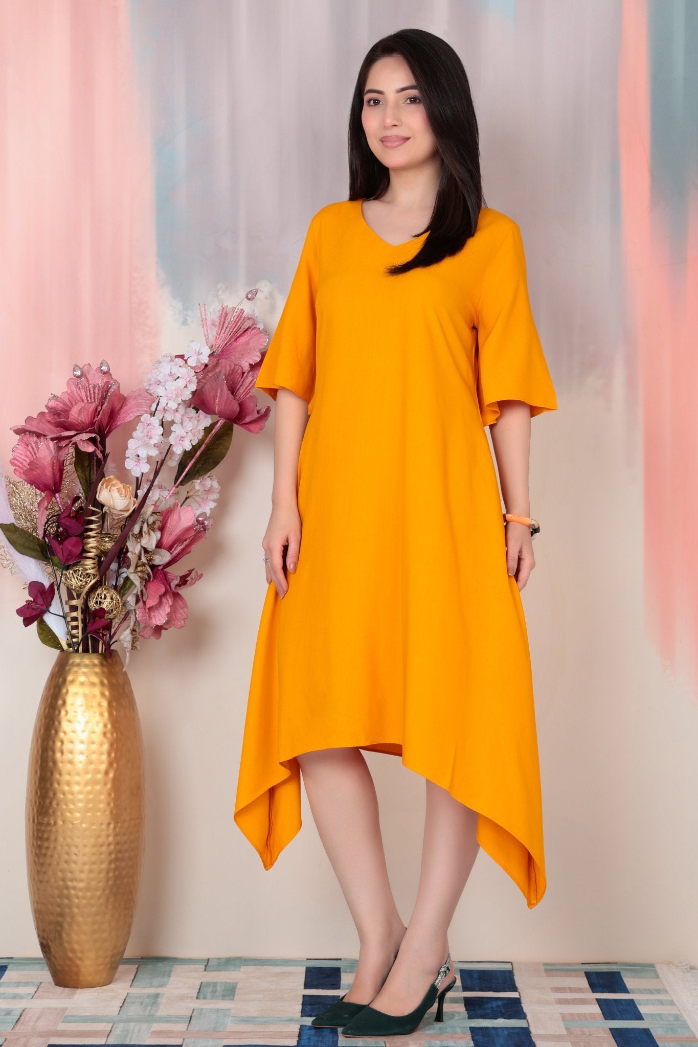 Mustard v-neck line dress with sleeves [ Premium 100% Rayon, Liva Certified ] -Rayon flare dress with pocket