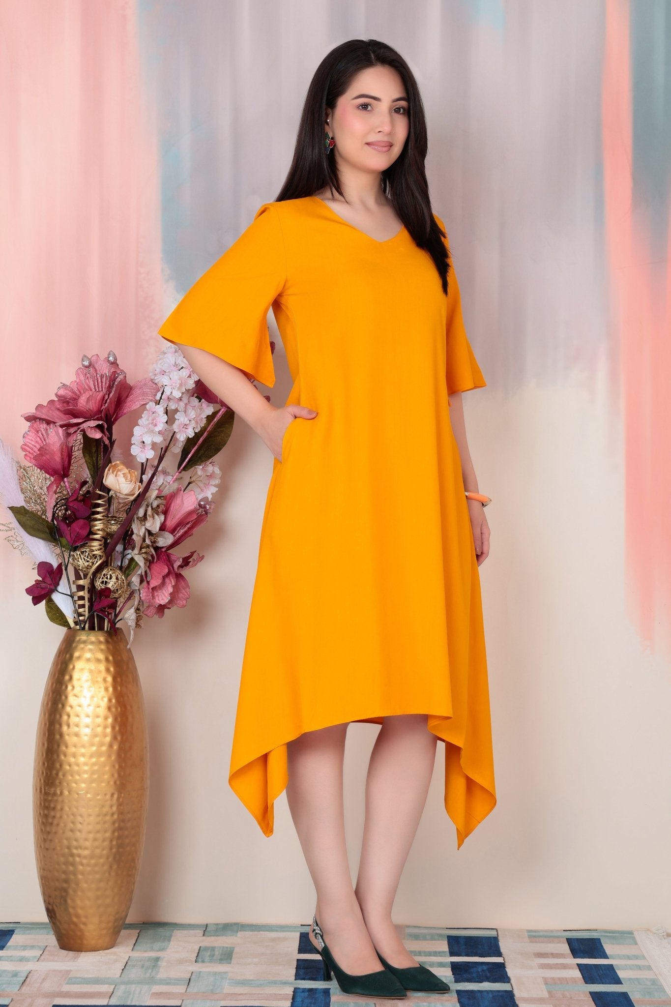 Mustard v-neck line dress with sleeves [ Premium 100% Rayon, Liva Certified ] -Rayon flare dress with pocket