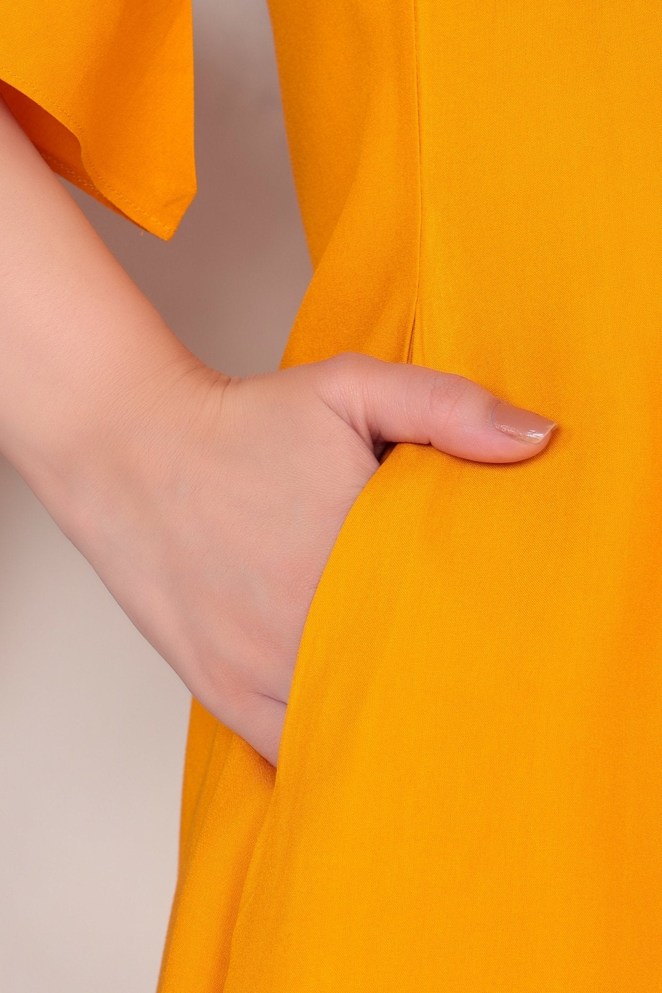 Mustard v-neck line dress with sleeves [ Premium 100% Rayon, Liva Certified ] -Rayon flare dress with pocket
