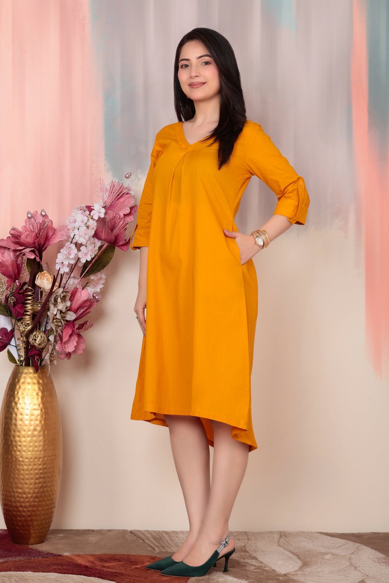Mustard v-neck pleated dress with sleeves [100% pure cotton] -Cotton midi dress