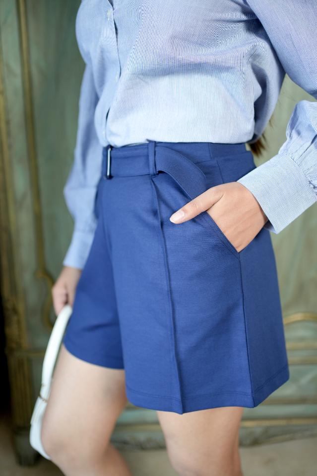 Navy belted pull on cotton short USA HQ cotton pull on short with superior belt. - Belted pull on cotton short