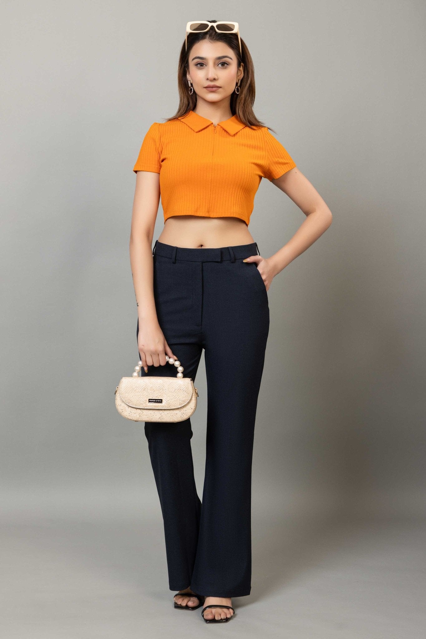 Navy check high waist formal flare pants with spandex [Bootcut flare] - Formal flare pants