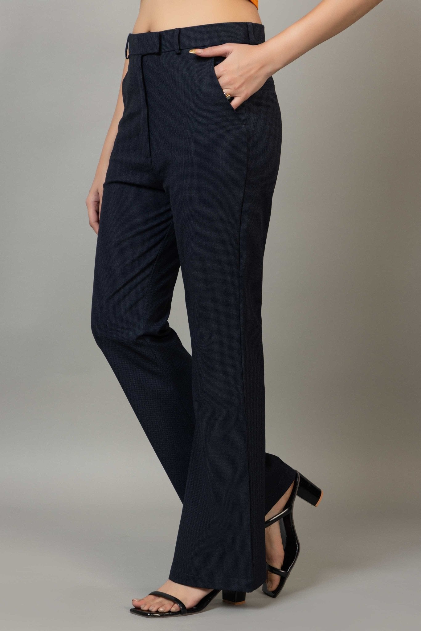 Navy check high waist formal flare pants with spandex [Bootcut flare] - Formal flare pants