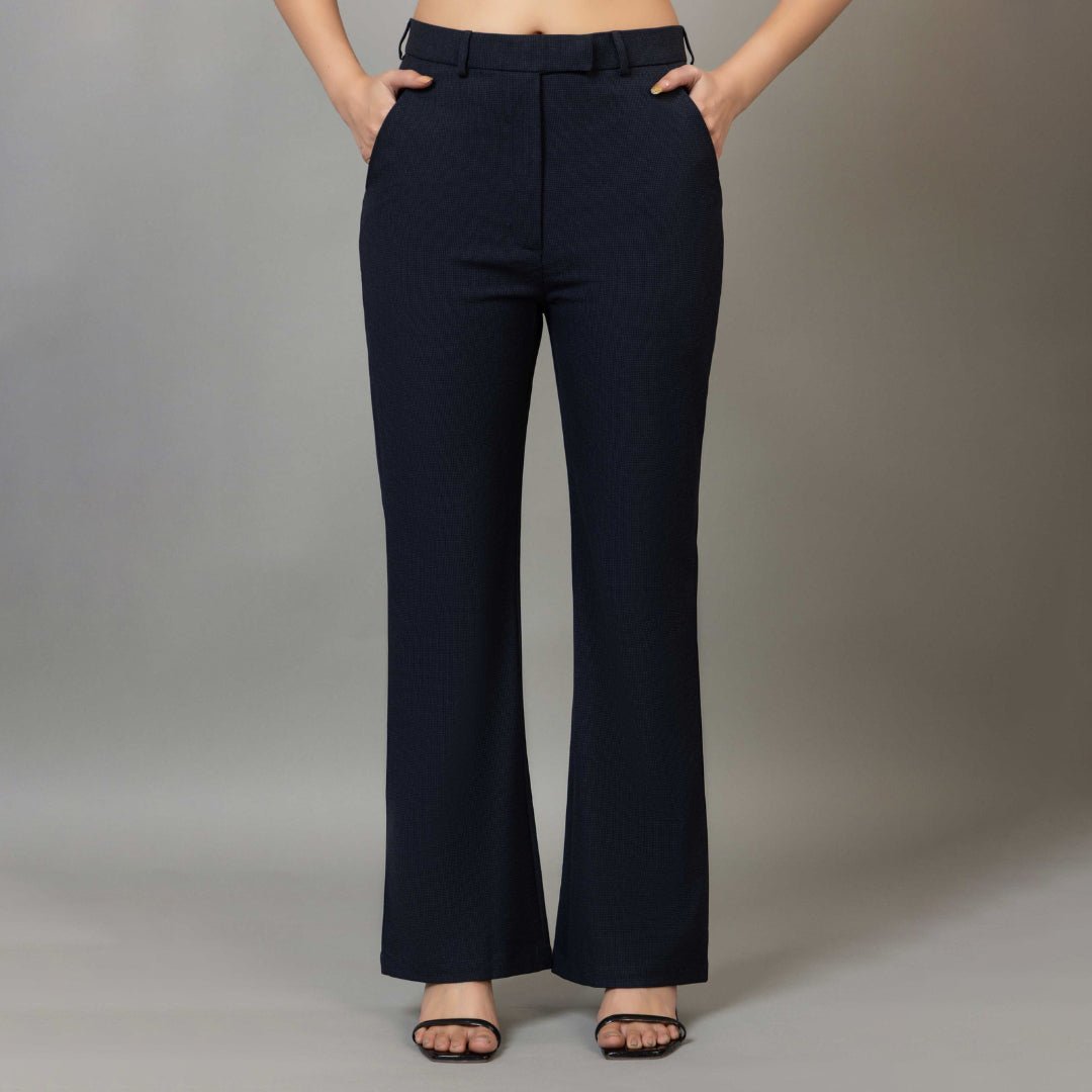 Navy check high waist formal flare pants with spandex [Bootcut flare] - Formal flare pants