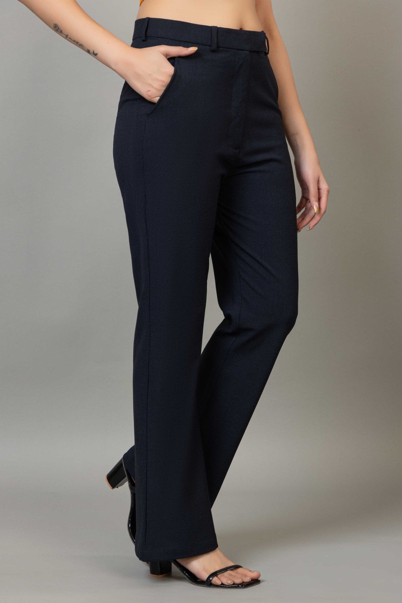 Navy check high waist formal flare pants with spandex [Bootcut flare] - Formal flare pants