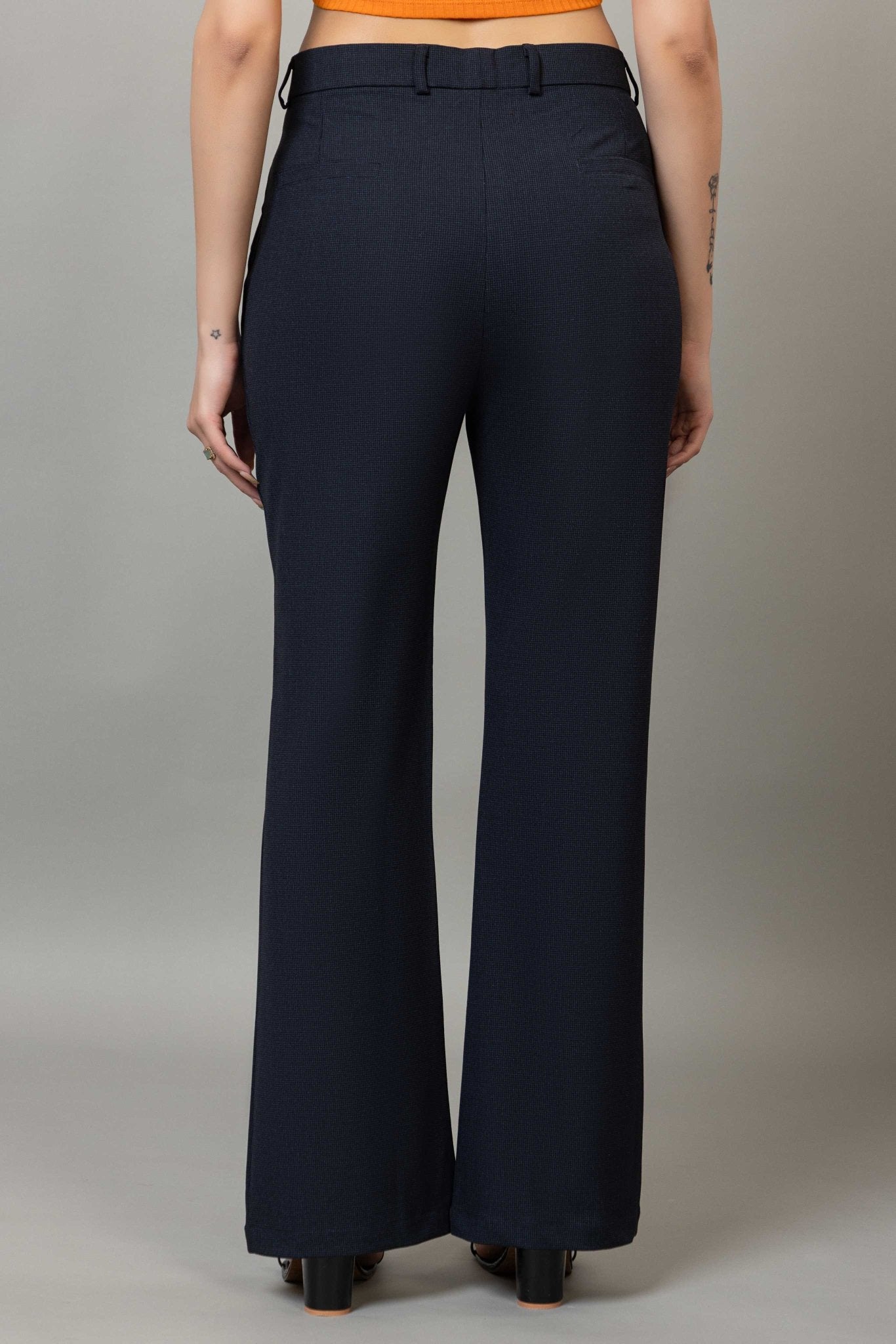 Navy check high waist formal flare pants with spandex [Bootcut flare] - Formal flare pants