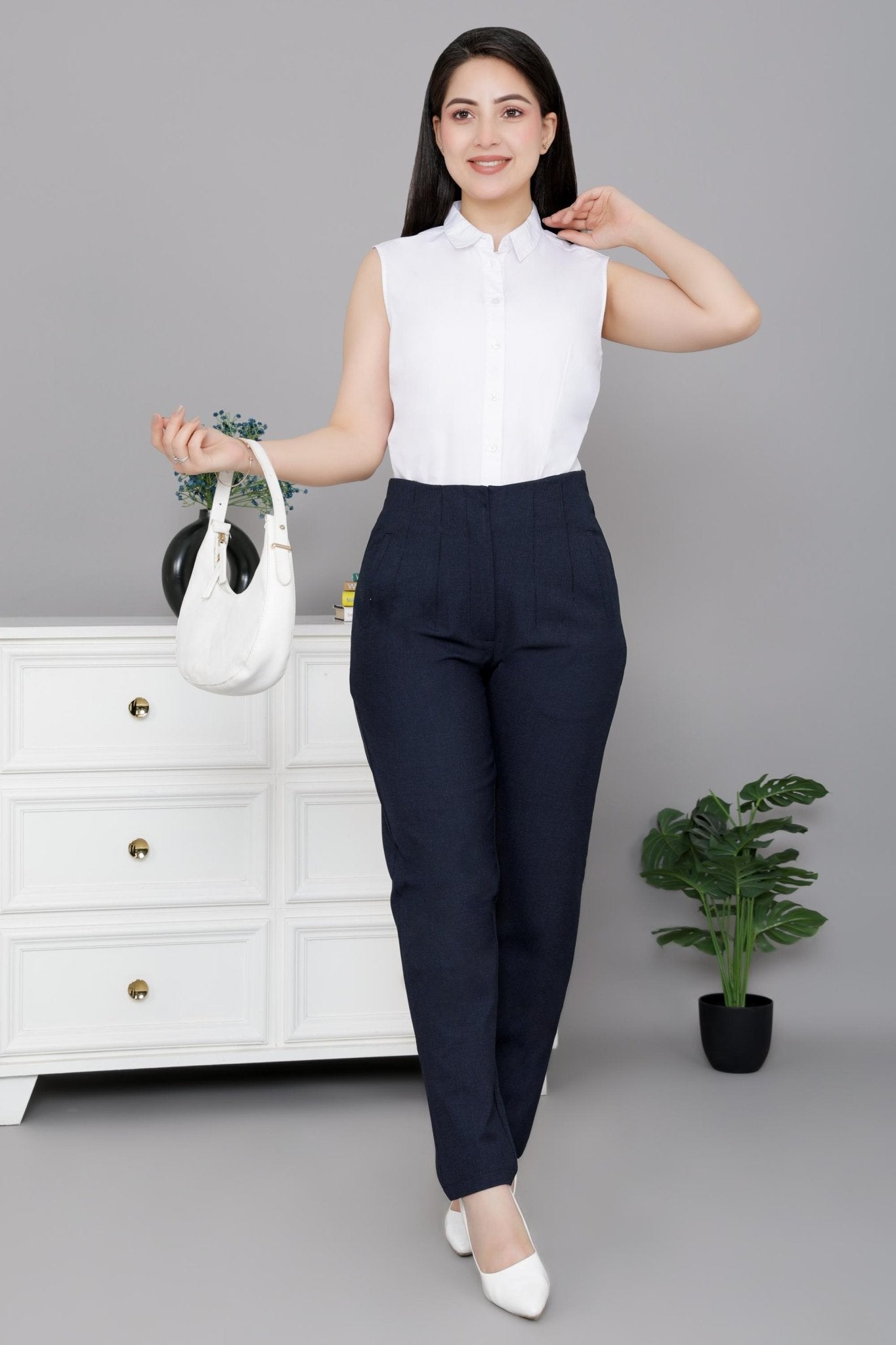Navy check high waist pleated pant with spandex [Straight fit] -High waist pleated pant
