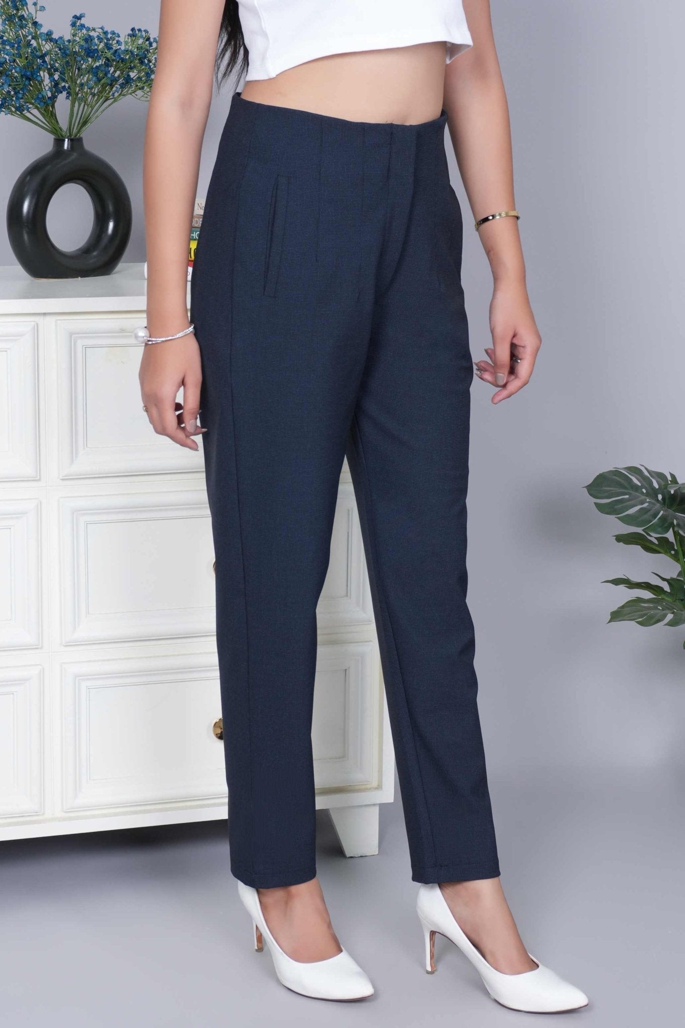 Navy check high waist pleated pant with spandex [Straight fit] - High waist pleated pant
