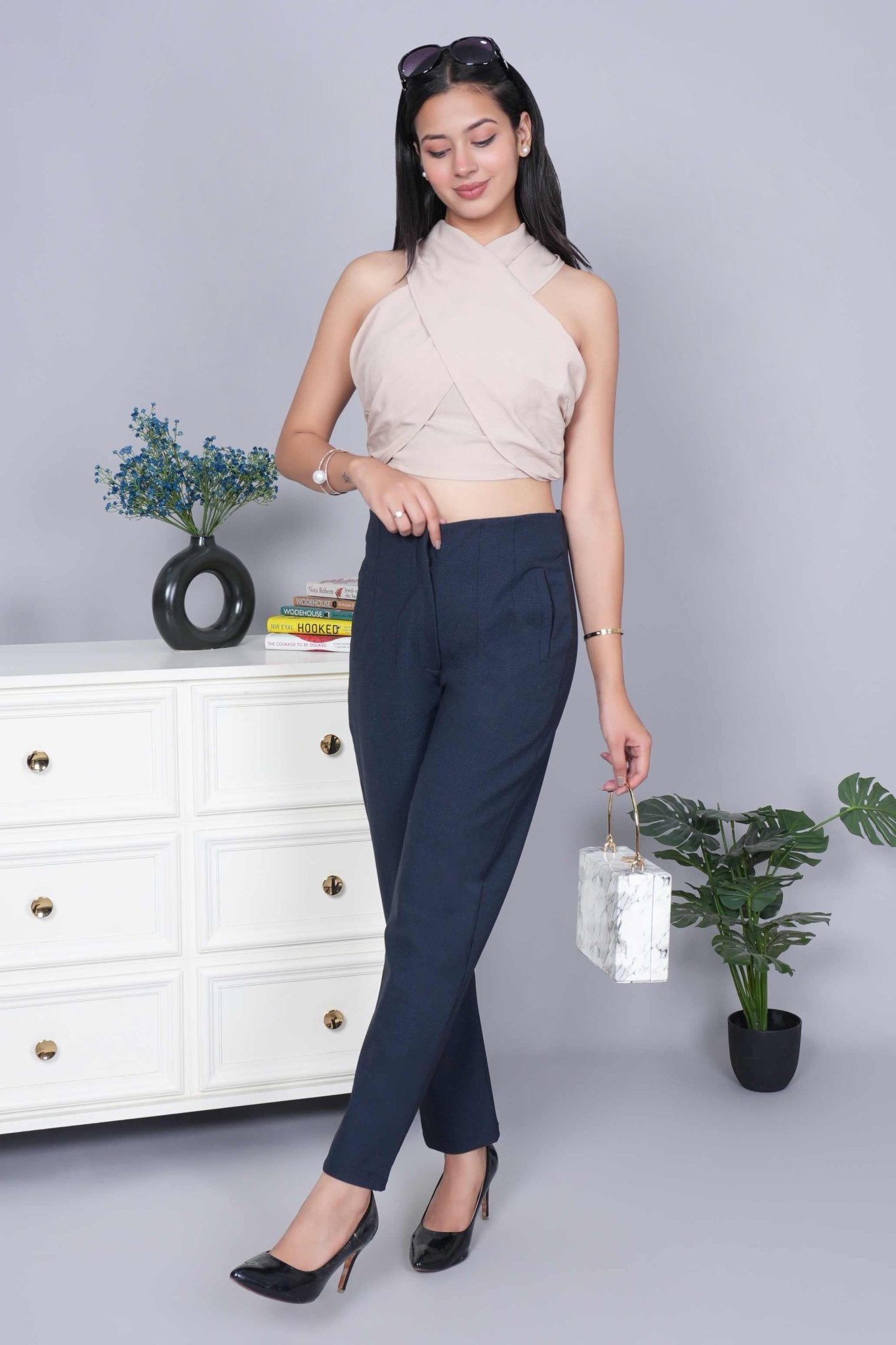 Navy check high waist pleated pant with spandex [Straight fit] - High waist pleated pant