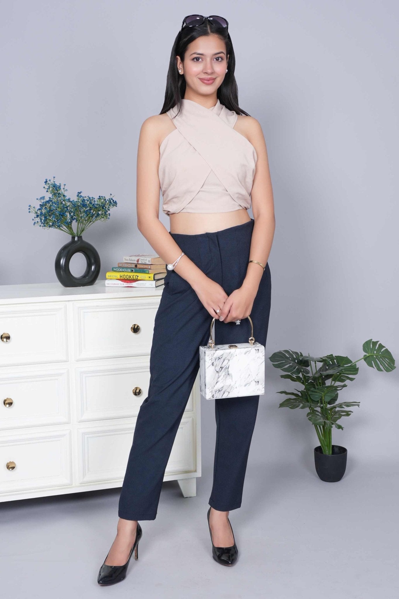 Navy check high waist pleated pant with spandex [Straight fit] - High waist pleated pant