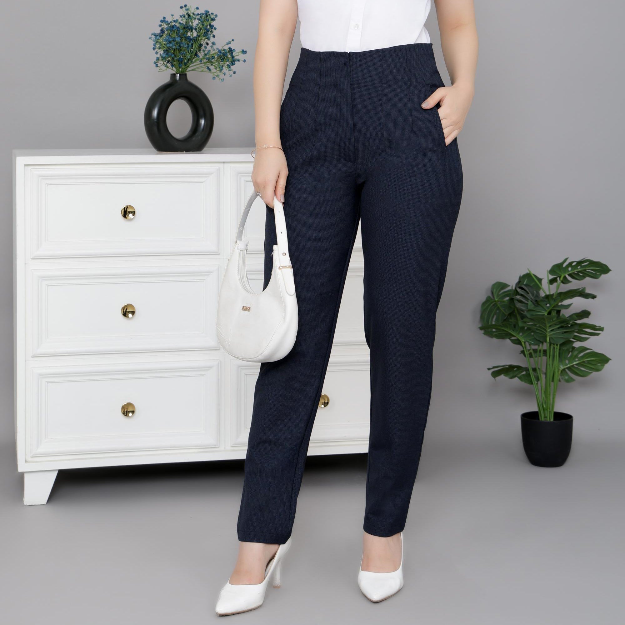 Navy check high waist pleated pant with spandex [Straight fit] -High waist pleated pant