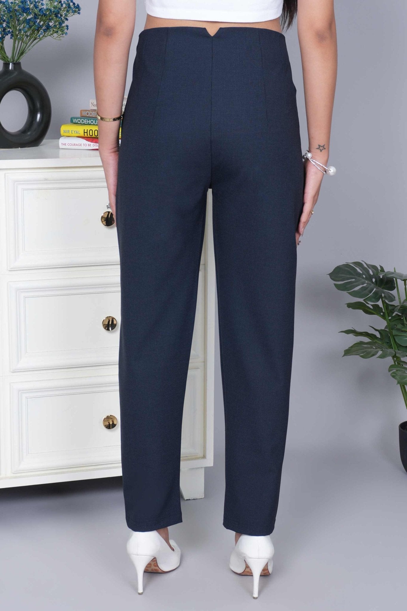 Navy check high waist pleated pant with spandex [Straight fit] - High waist pleated pant