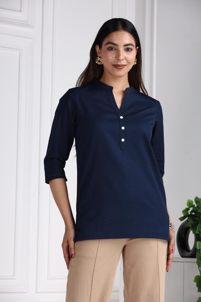 Navy Cotton Linen Short Kurti - Short kurta