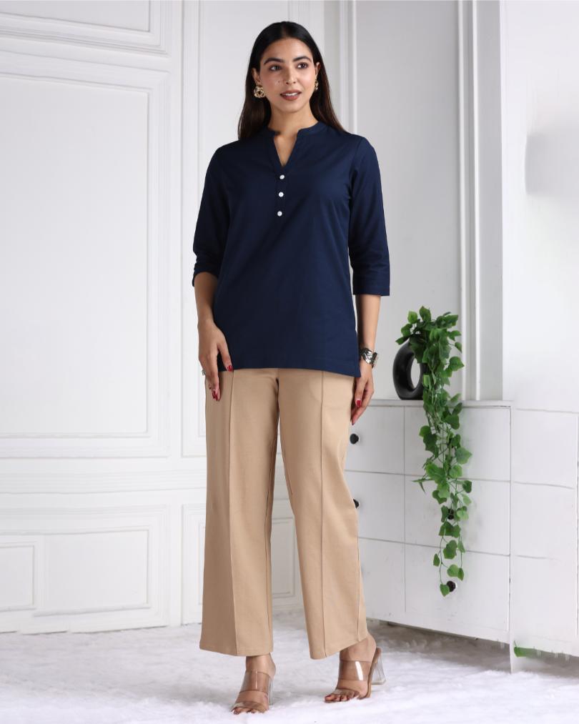 Navy Cotton Linen Short Kurti - Short kurta